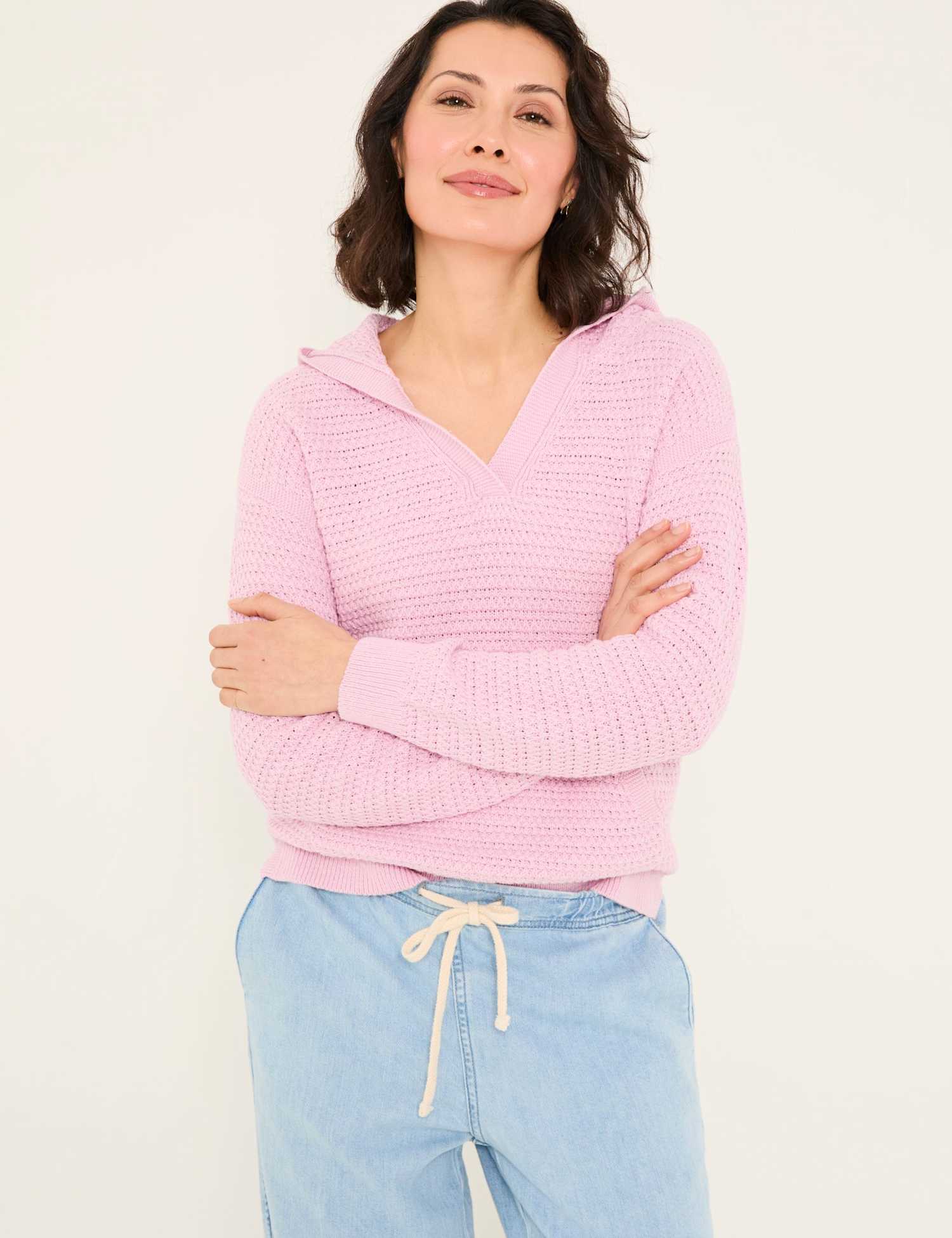 FatFace Pure Cotton Textured V-Neck Hoodie Light Pink