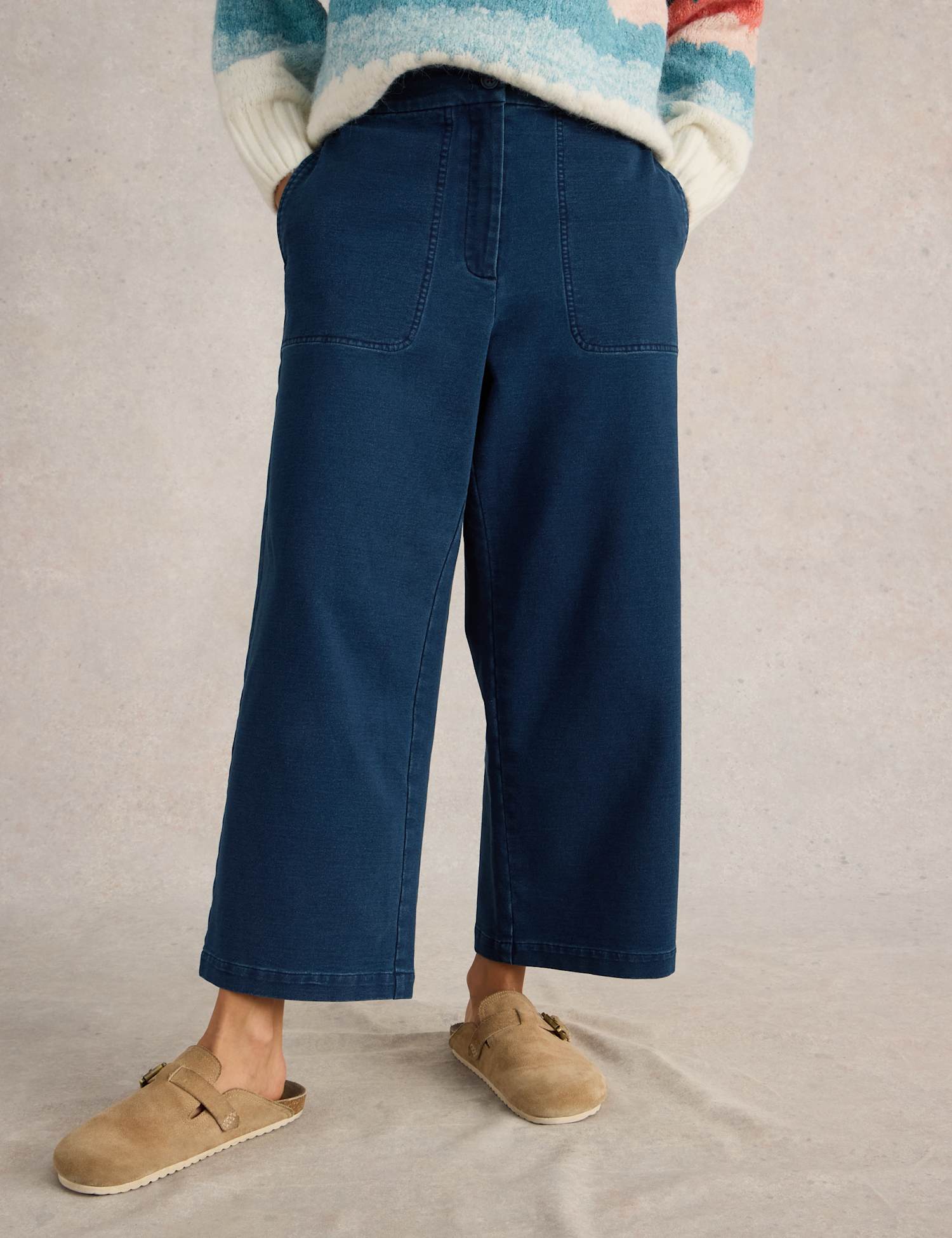 White Stuff Cotton Rich Wide Leg Cropped Trousers Blue Denim