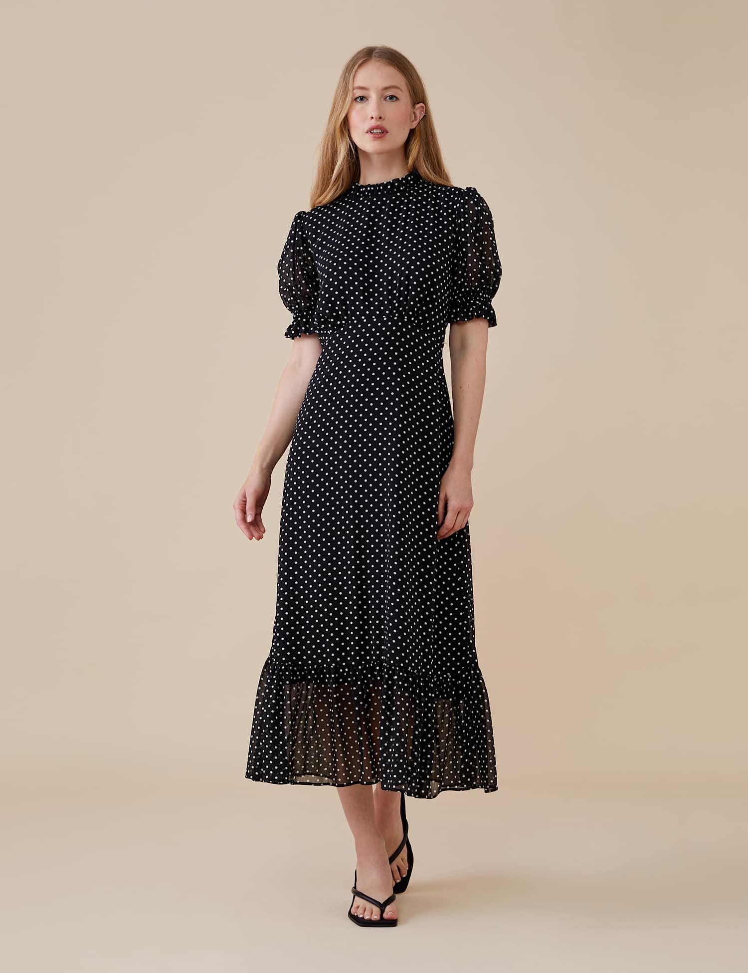 Finery London Polka Dot High Neck Midi Waisted Dress Black Mix