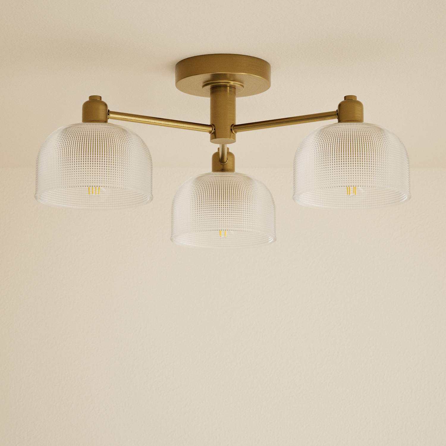 M&S Glass Reeded 3 Light Flush Ceiling Light - Antique Brass