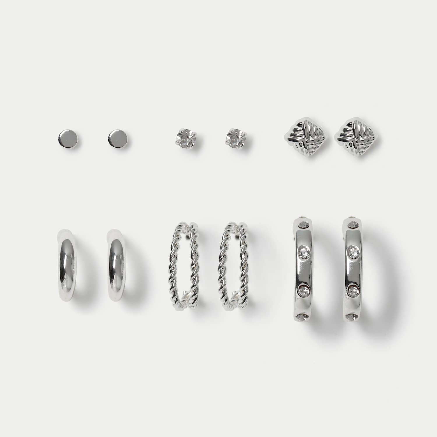 M&S Girls 6 Pack Stone Hoop and Stud Multipack - Small-Medium - Silver