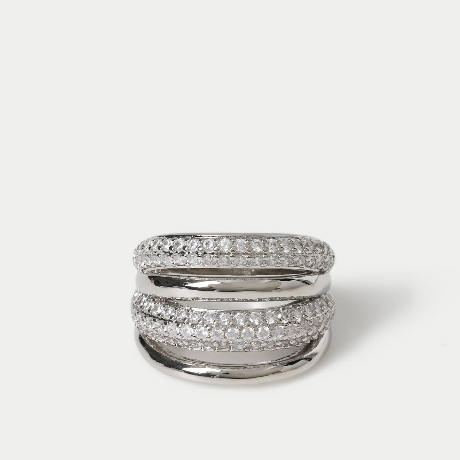 M&S Women's Platinum Plated Chunky Pave Ring - Small-Medium - Silver