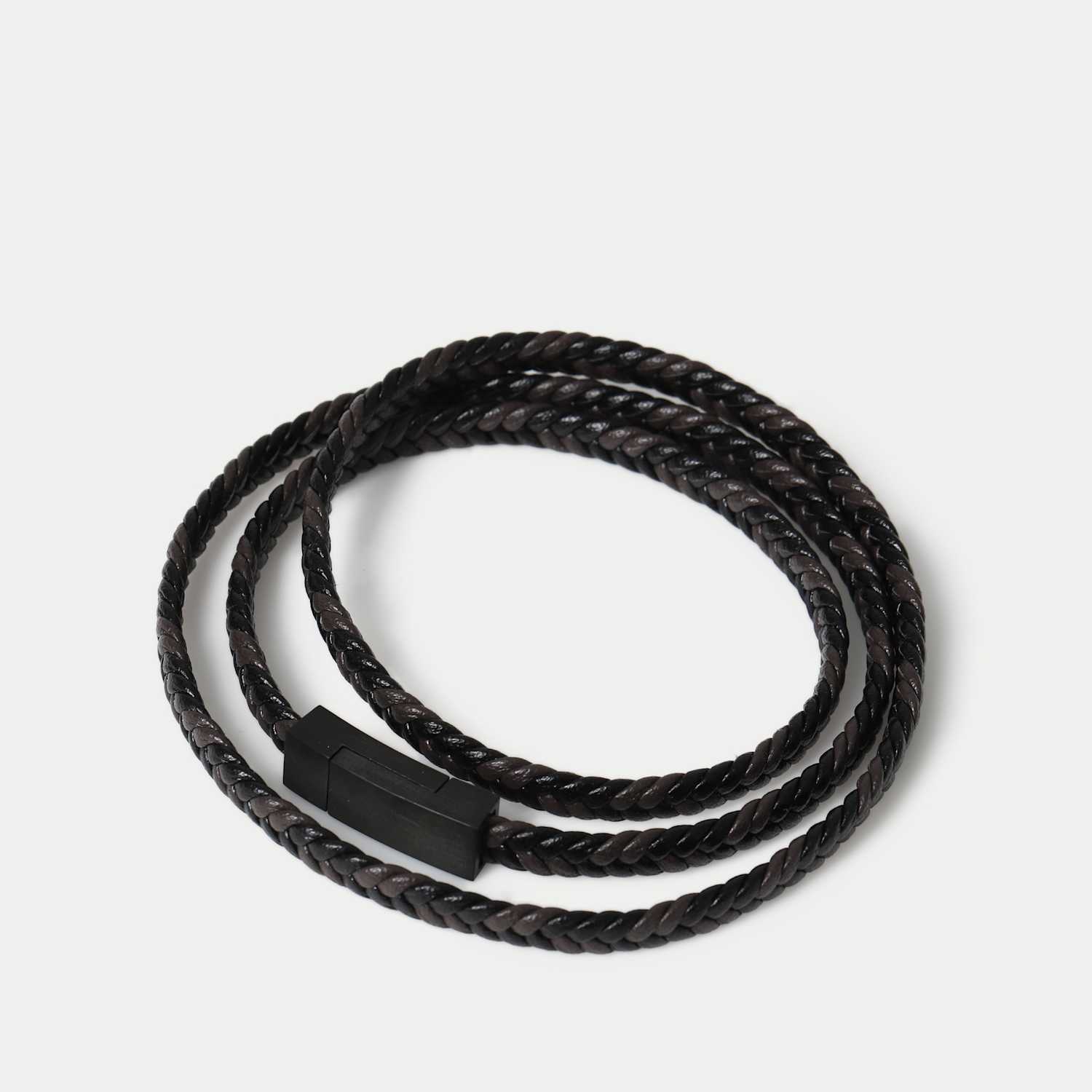 M&S Men's Genuine Leather Plait Wrap Bracelet - Brown Mix