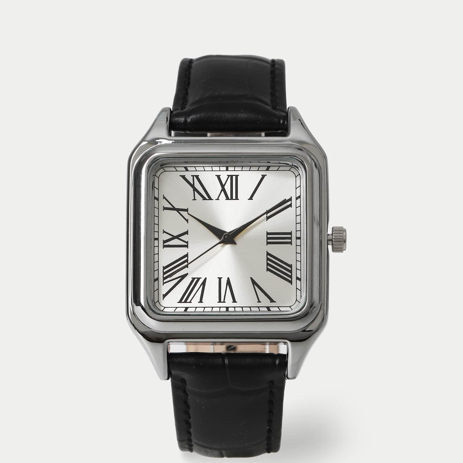 M&S Silver Square Leather Strap Watch - Black - for Men