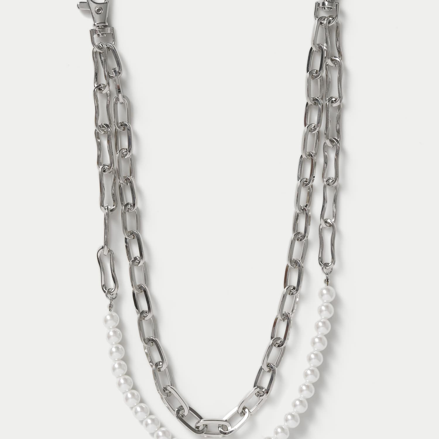 M&S Men's 2 Row Pearl Wallet Chain - Silver