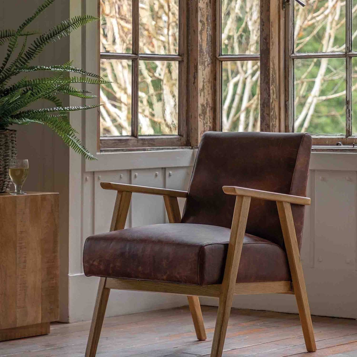Gallery Direct Neyland Wood Leather Armchair - Brown Mix - Available at M&S