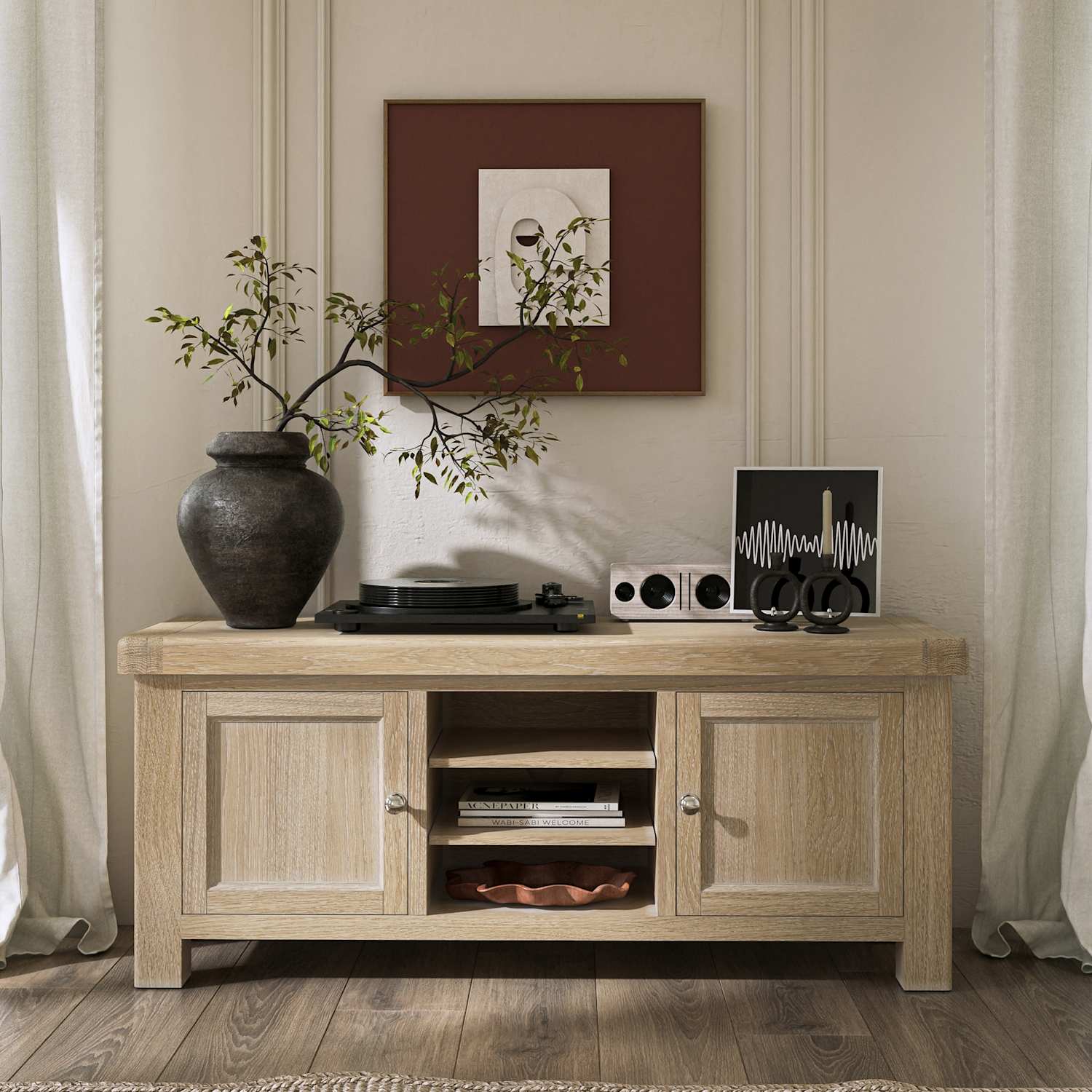 Corndell Normandy White Wash Small TV Unit - Neutral - Available at M&S