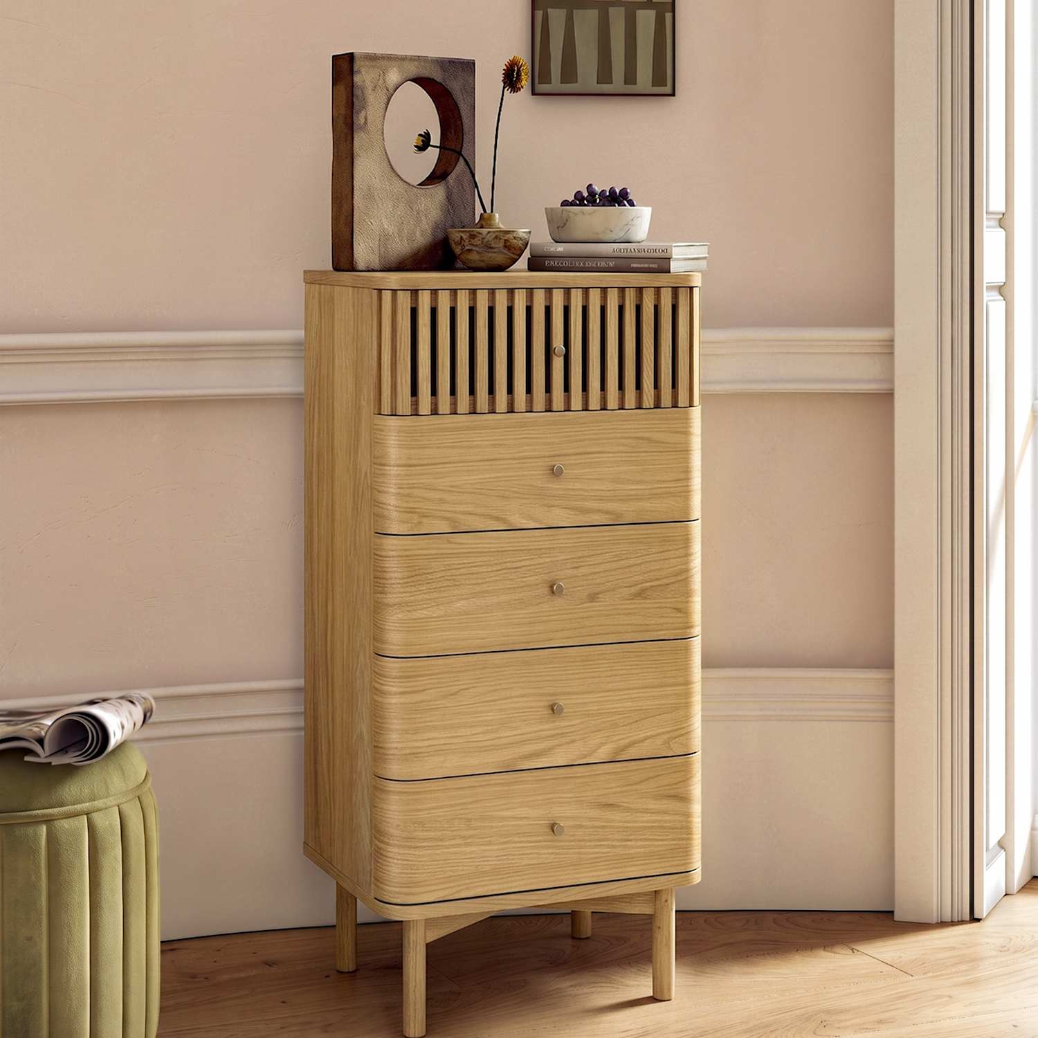 Corndell Soho Medium Oak Veneer Tallboy - Natural - Available at M&S