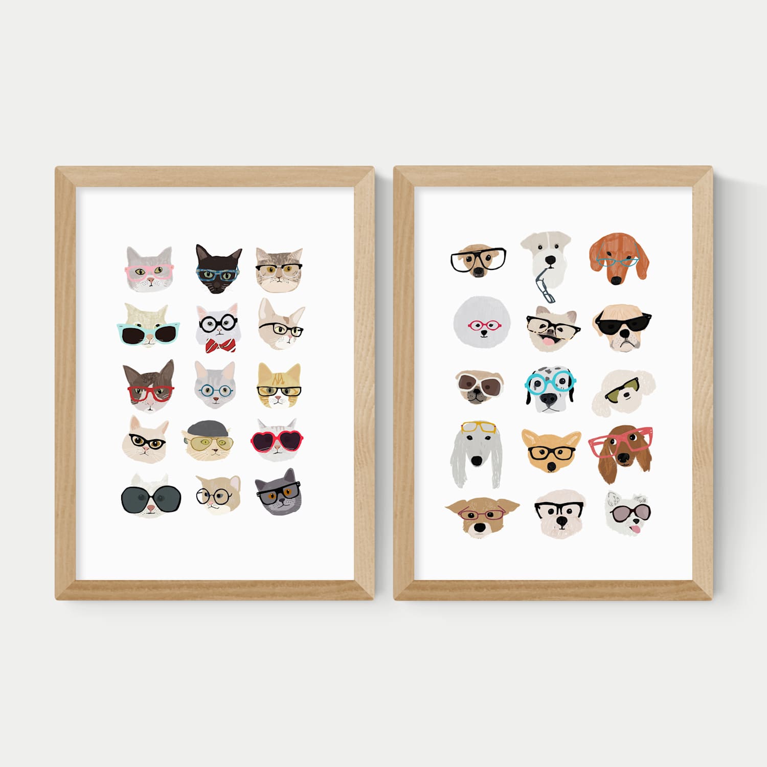 East End Prints Cats & Dogs In Glasses Twin Set Framed Art - A3 - Natural - Available at M&S