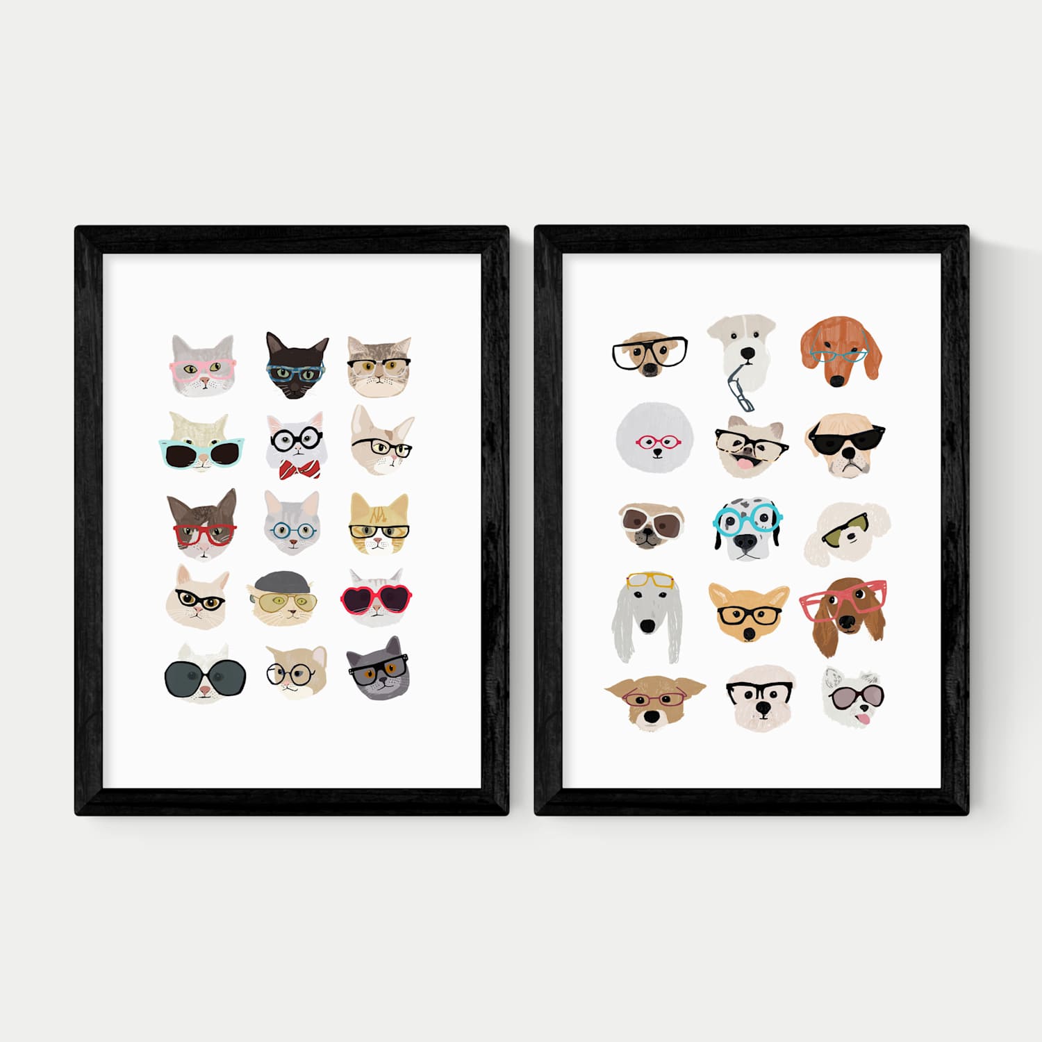 East End Prints Cats & Dogs In Glasses Twin Set Framed Art - A2 - Black - Available at M&S