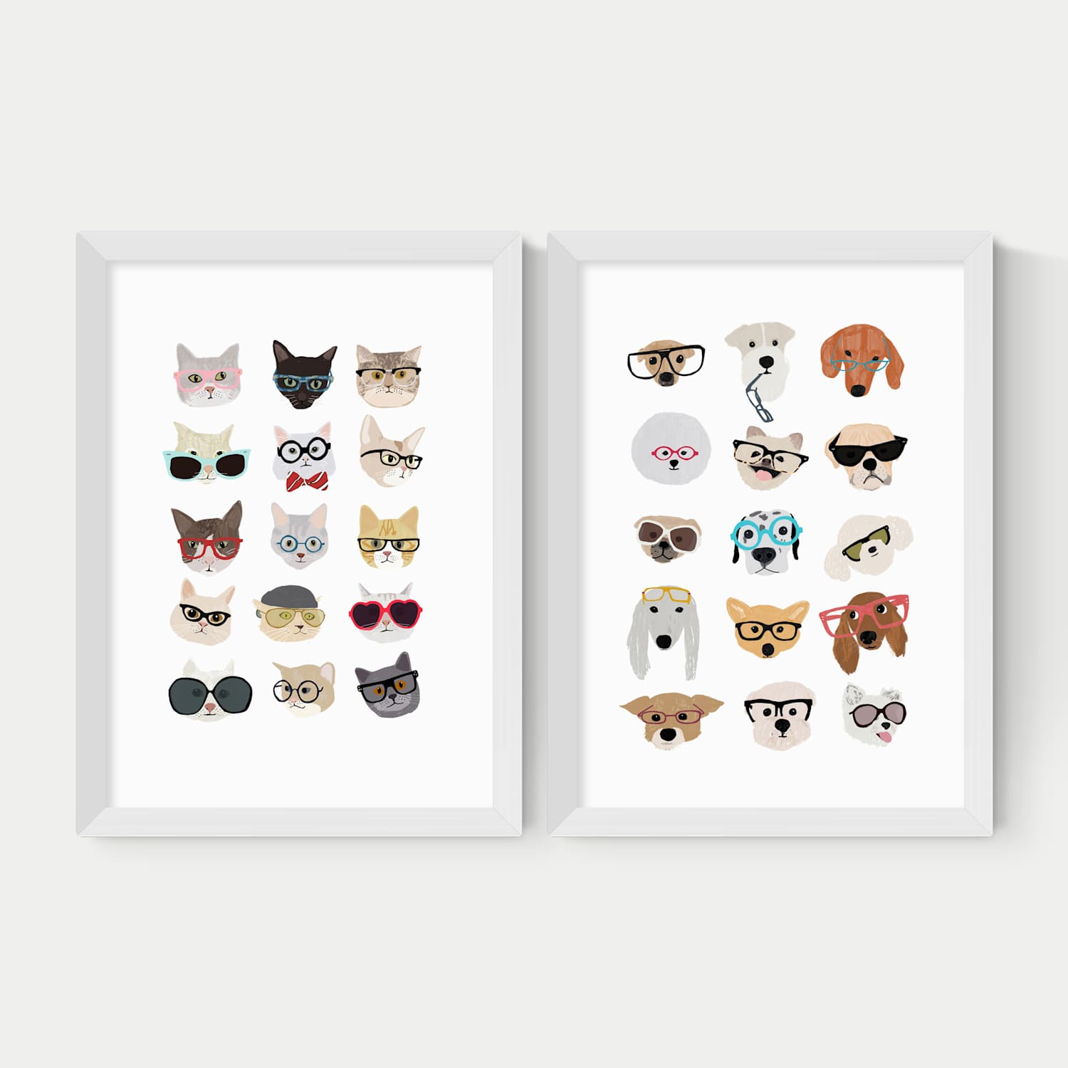 East End Prints Cats & Dogs In Glasses Twin Set Framed Art - A2 - White - Available at M&S