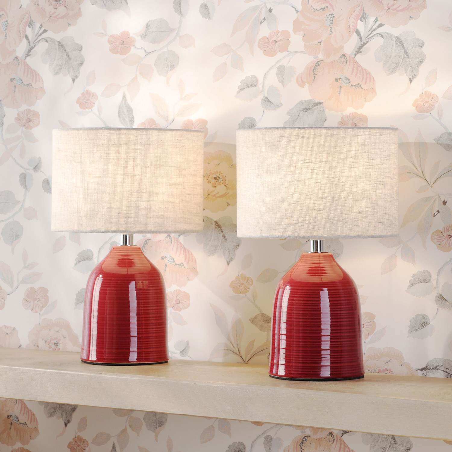 Laura Ashley Set of 2 Penny Ceramic Ribbed Table Lamps - Red - Available at M&S