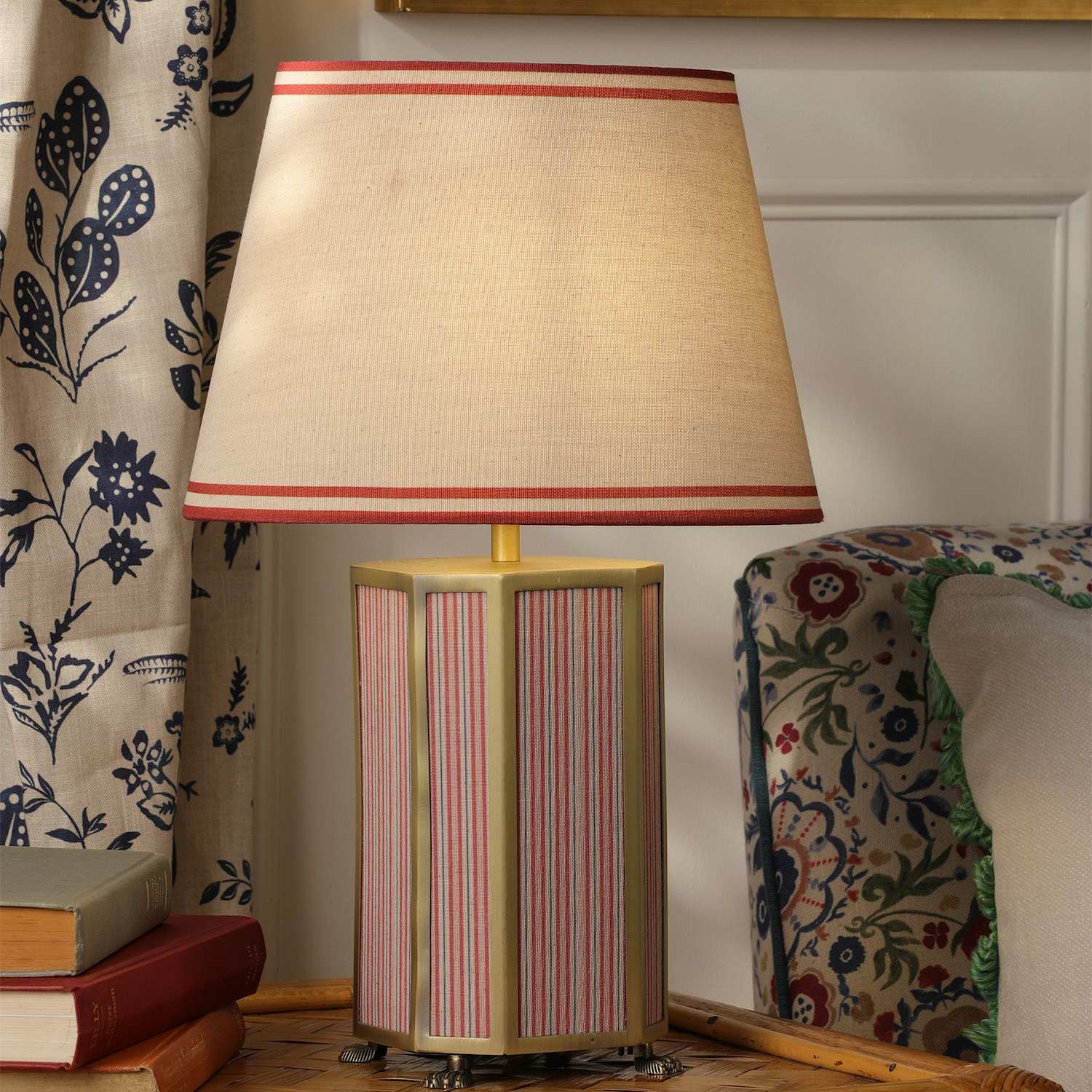 Joules Home Lighting Helmingham Metal & Fabric Striped Table Lamp - Antique Brass - Available at M&S