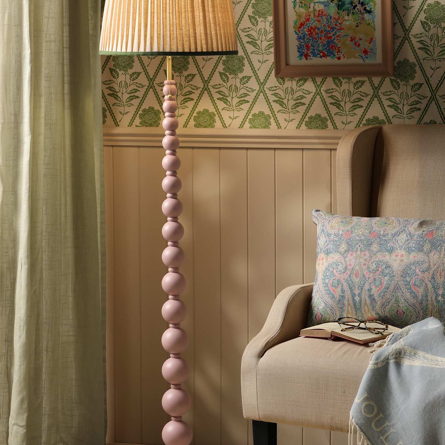 Joules Home Lighting Harewood Wood Bobbin Floor Lamp - Pink Mix - Available at M&S