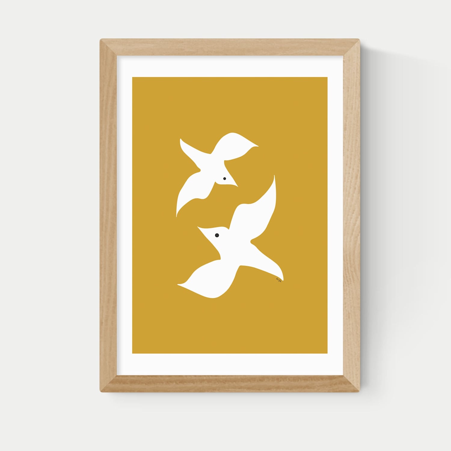 East End Prints Love Birds in Mustard Framed Art Print - A2 - Natural - Available at M&S