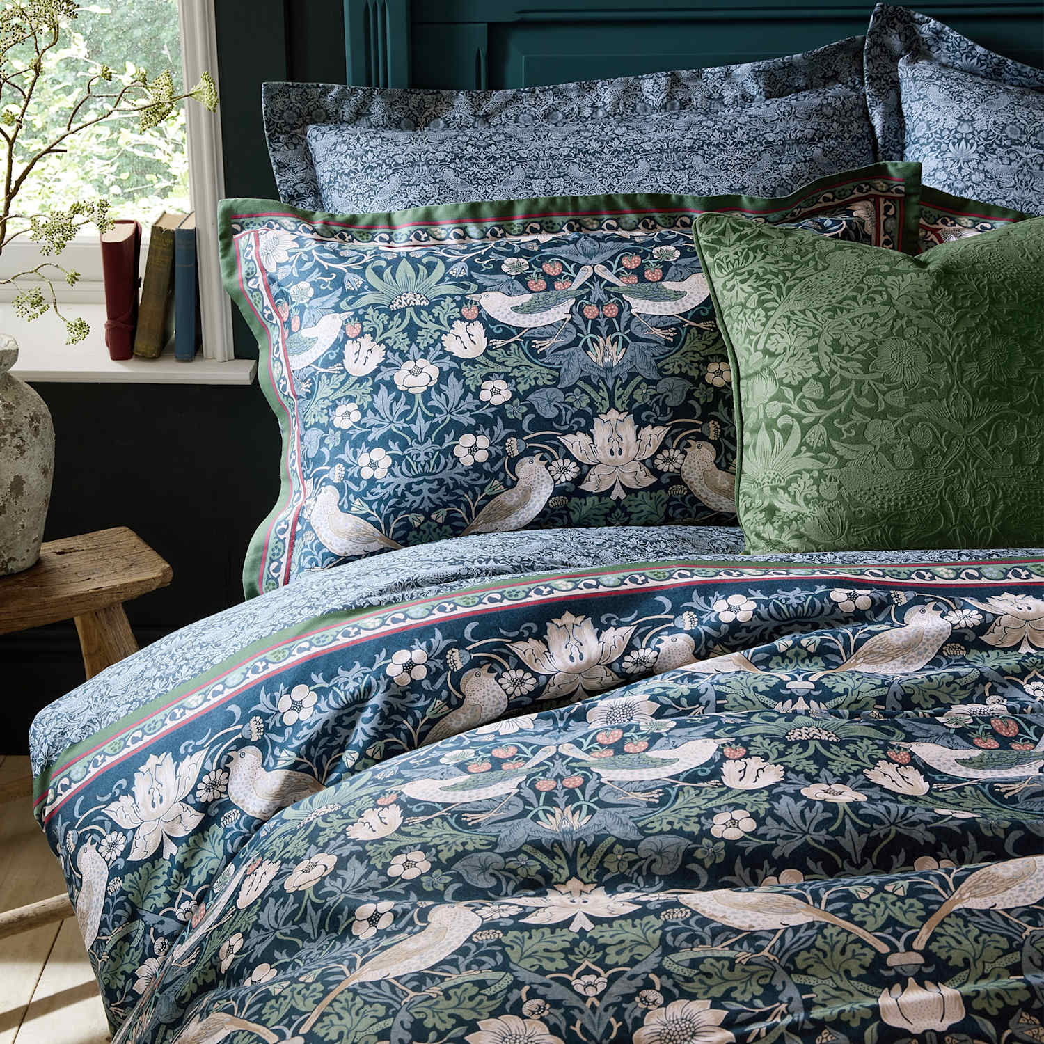 William Morris At Home 2 Pack Pure Cotton Midnight Strawberry Thief Pillowcases - Light Blue Mix - Available at M&S