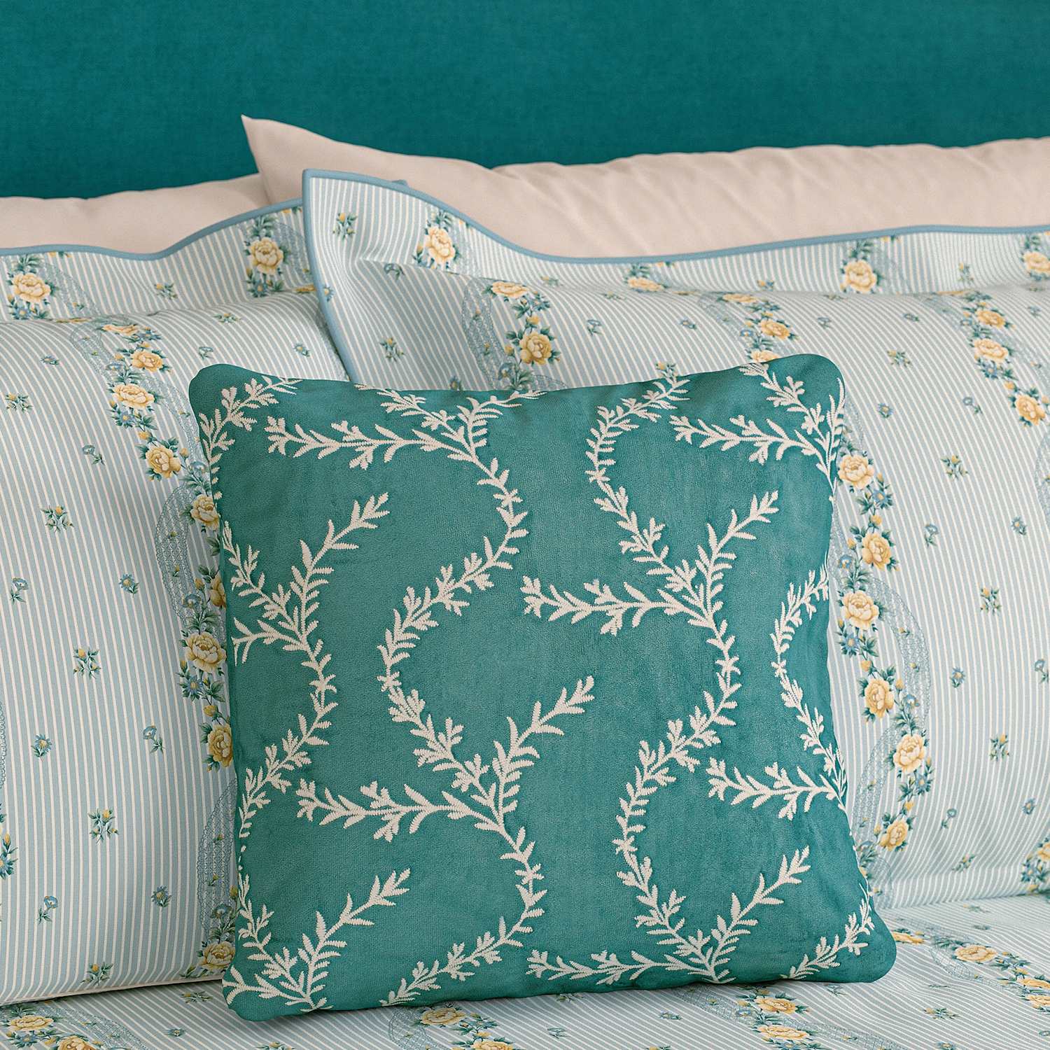 V&A Pure Cotton Velvet Chikan Cushion - Teal - Available at M&S