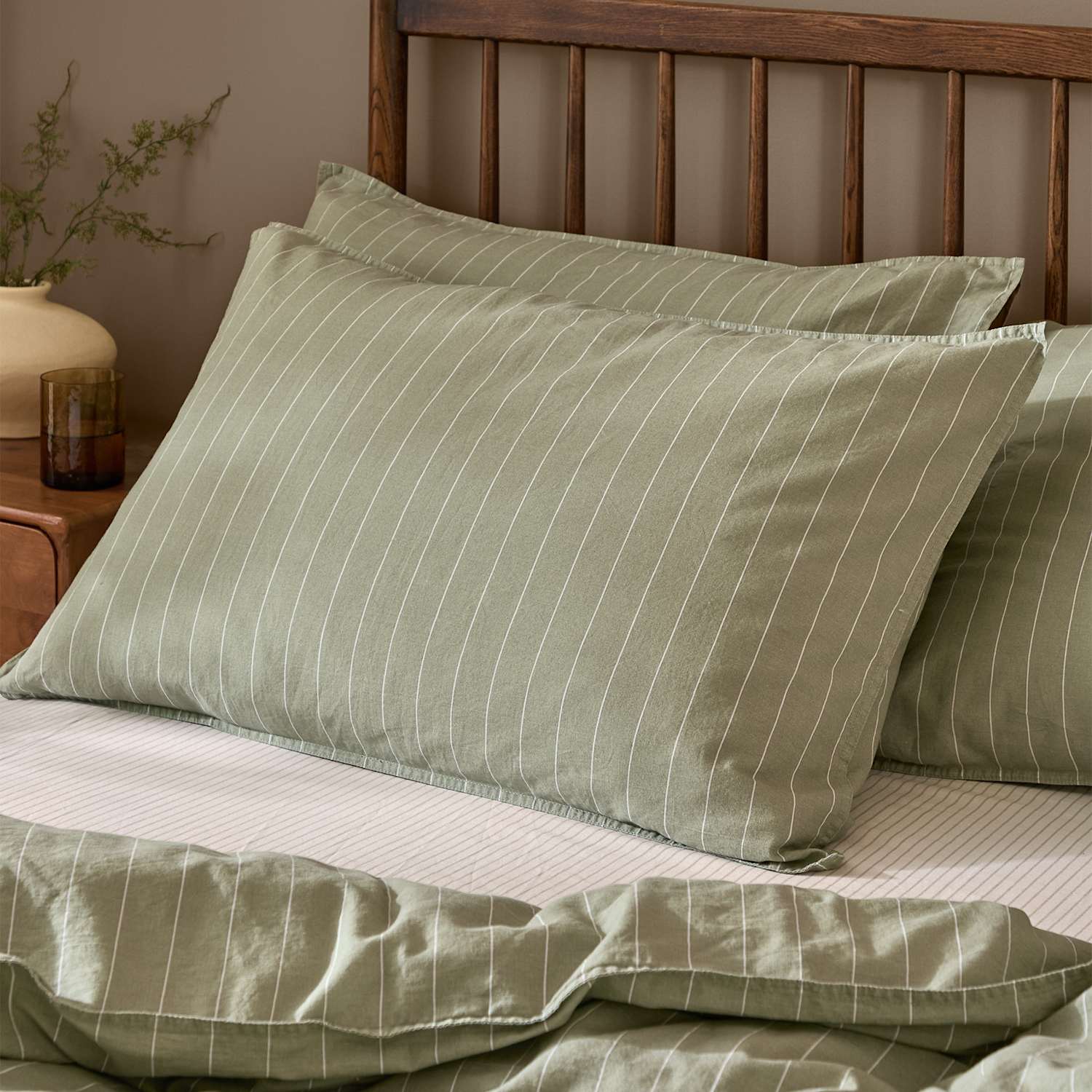 Yard Pure Cotton Linear Stripe Pillowcase - Dark Green Mix - Available at M&S