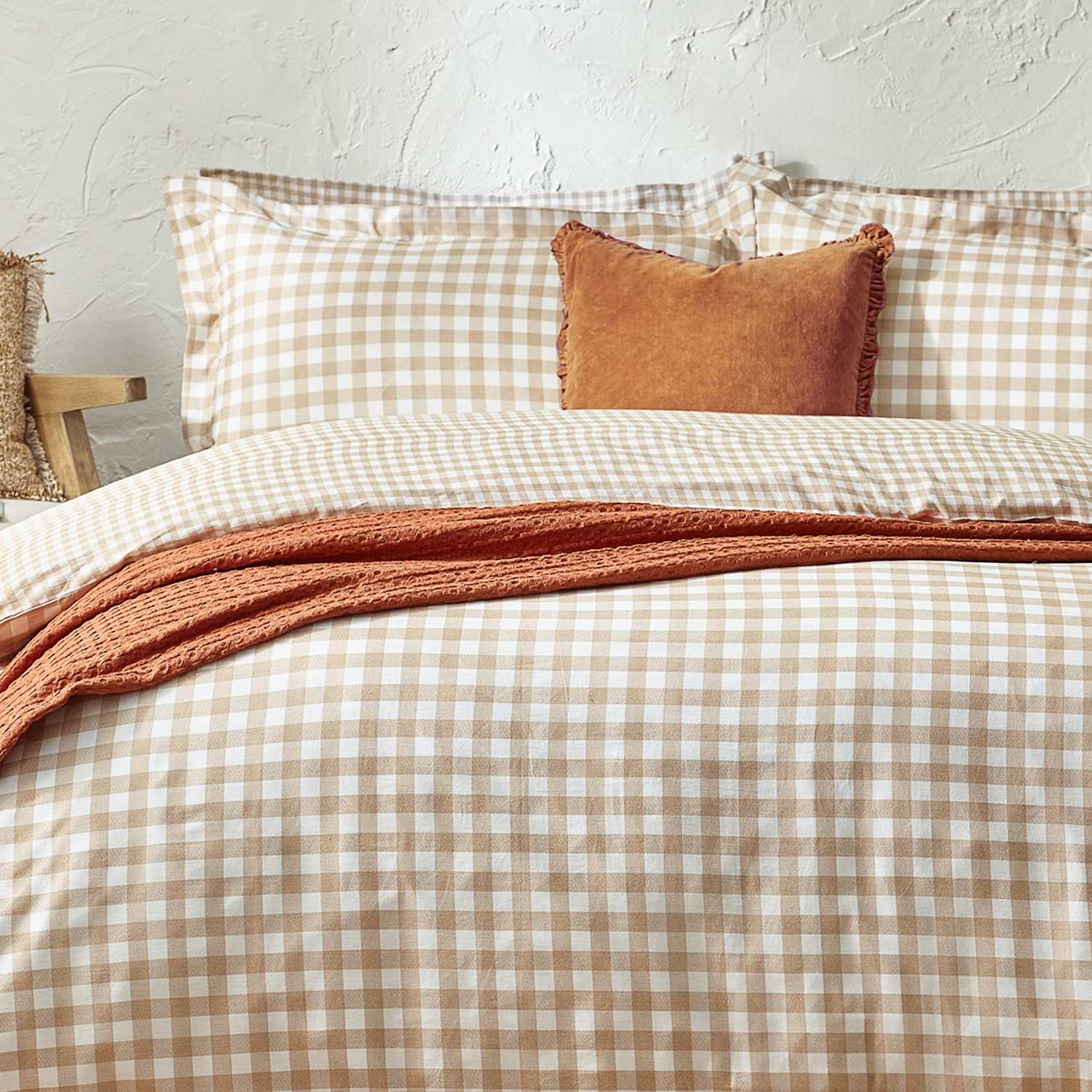 Yard Washed Cotton Barton Gingham Bedding Set - King Size (5 ft) - Beige Mix - Available at M&S