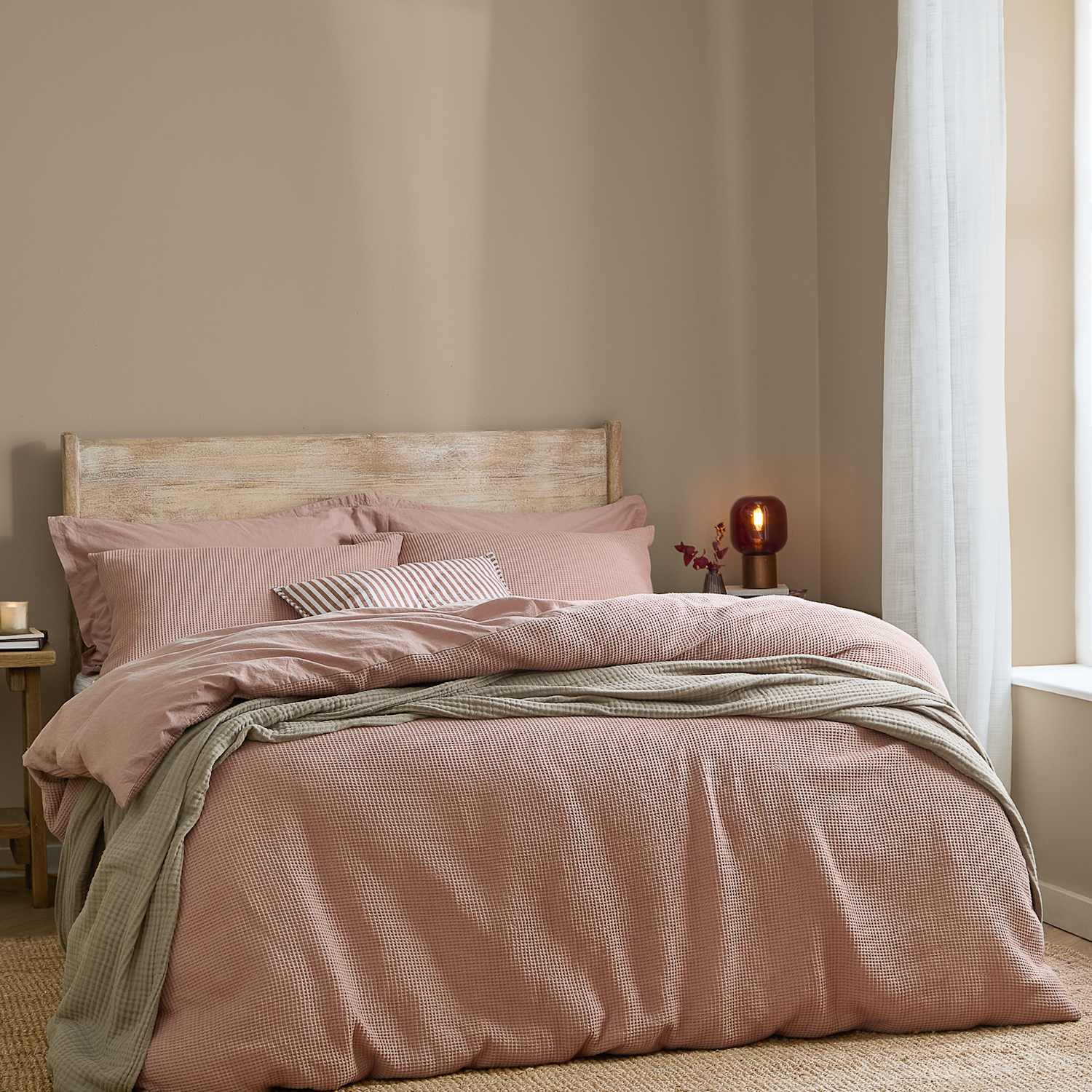 Yard Pure Cotton Percale Hebden Waffle Bedding Set - Super King Size (6 ft) - Soft Pink - Available at M&S