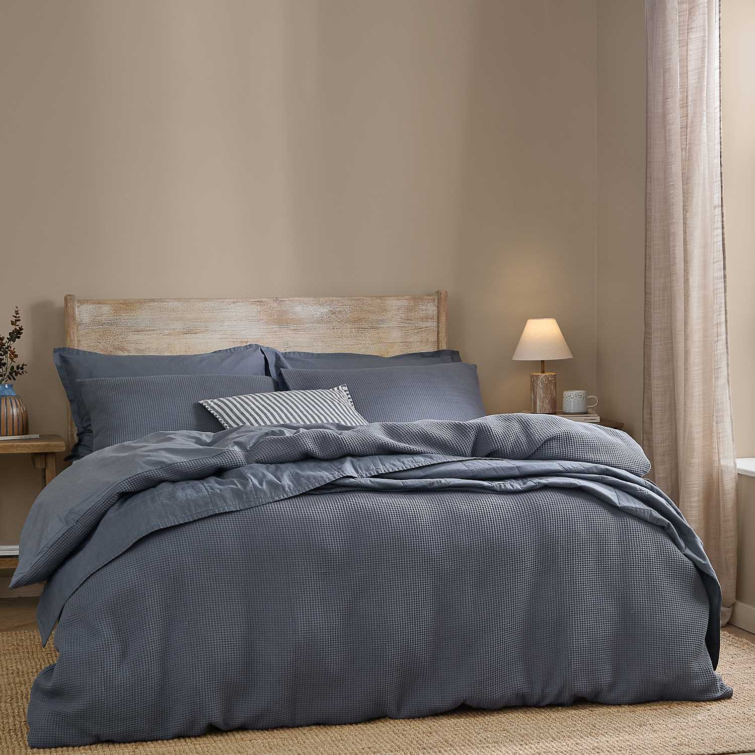 Yard Pure Cotton Percale Hebden Waffle Bedding Set - Single (3 ft) - Blue Denim - Available at M&S