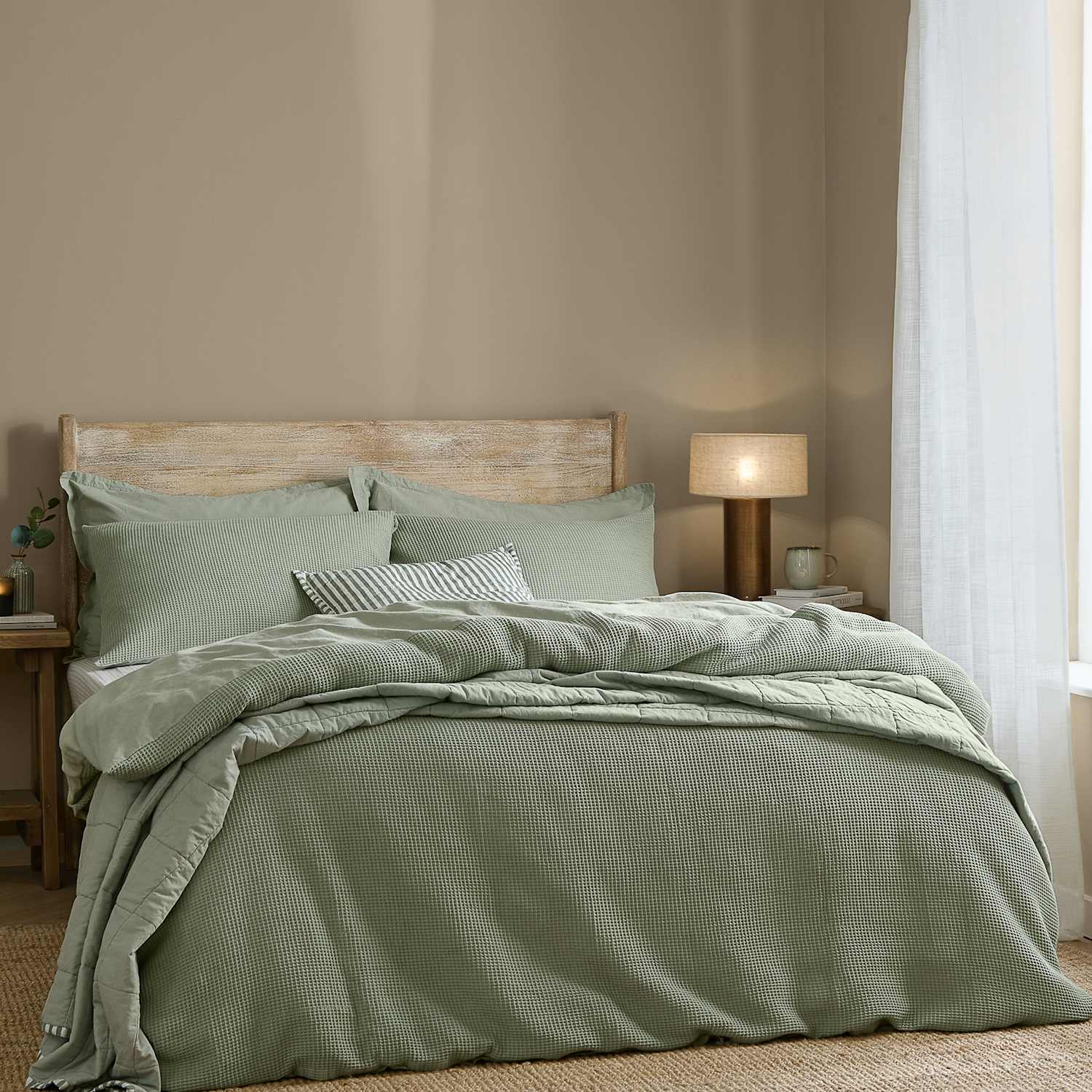 Yard Pure Cotton Percale Hebden Waffle Bedding Set - Single (3 ft) - Olive - Available at M&S