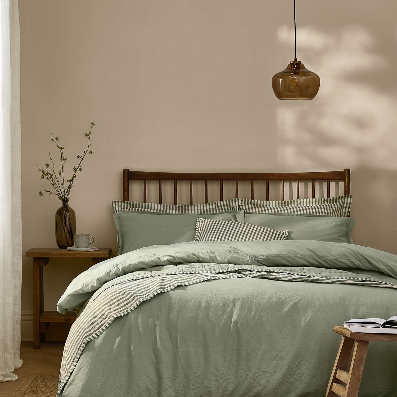 Yard Pure Cotton Percale Hebden Bedding Set - Single (3 ft) - Green - Available at M&S