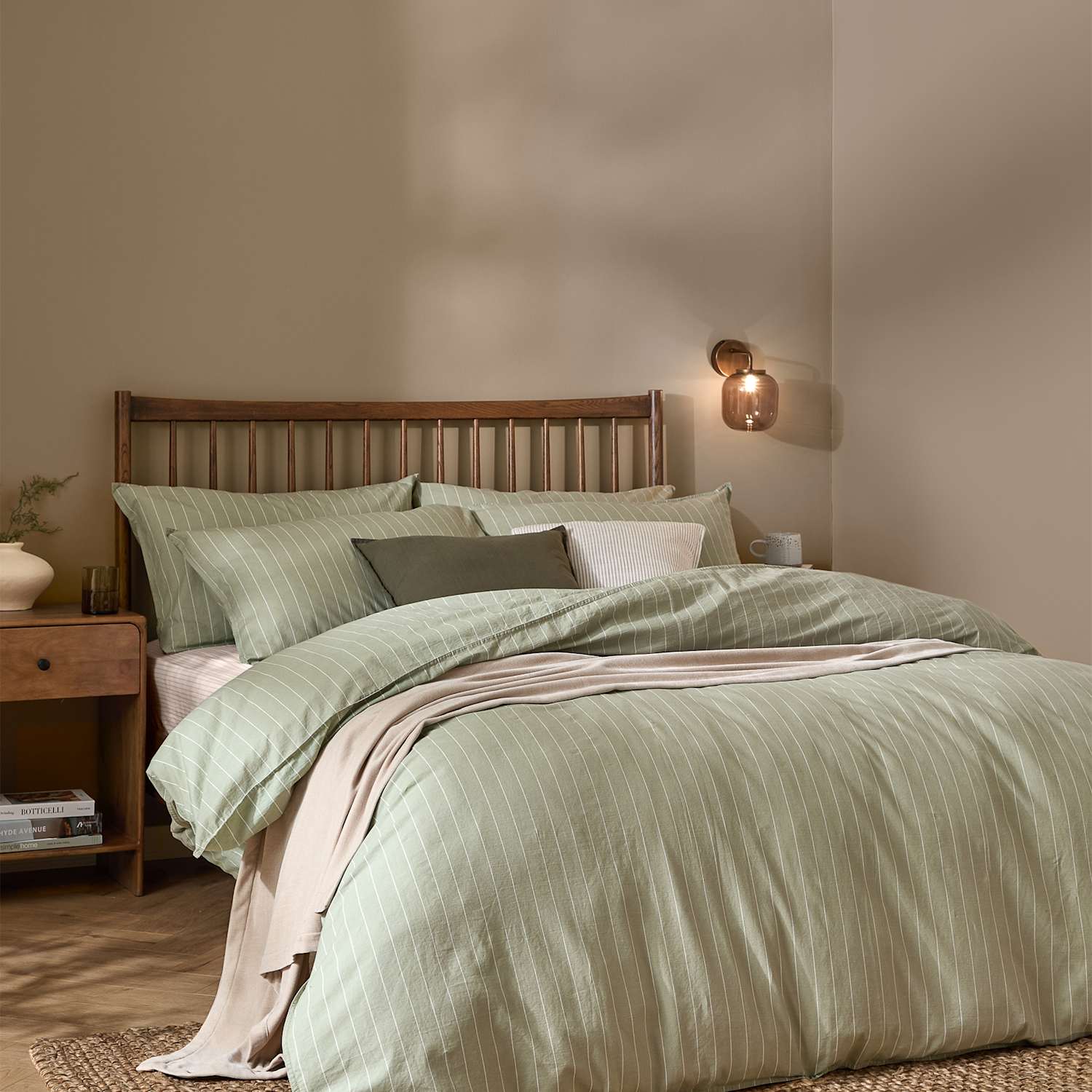 Yard Pure Cotton Percale Linear Stripe Bedding Set - Single (3 ft) - Green Mix - Available at M&S