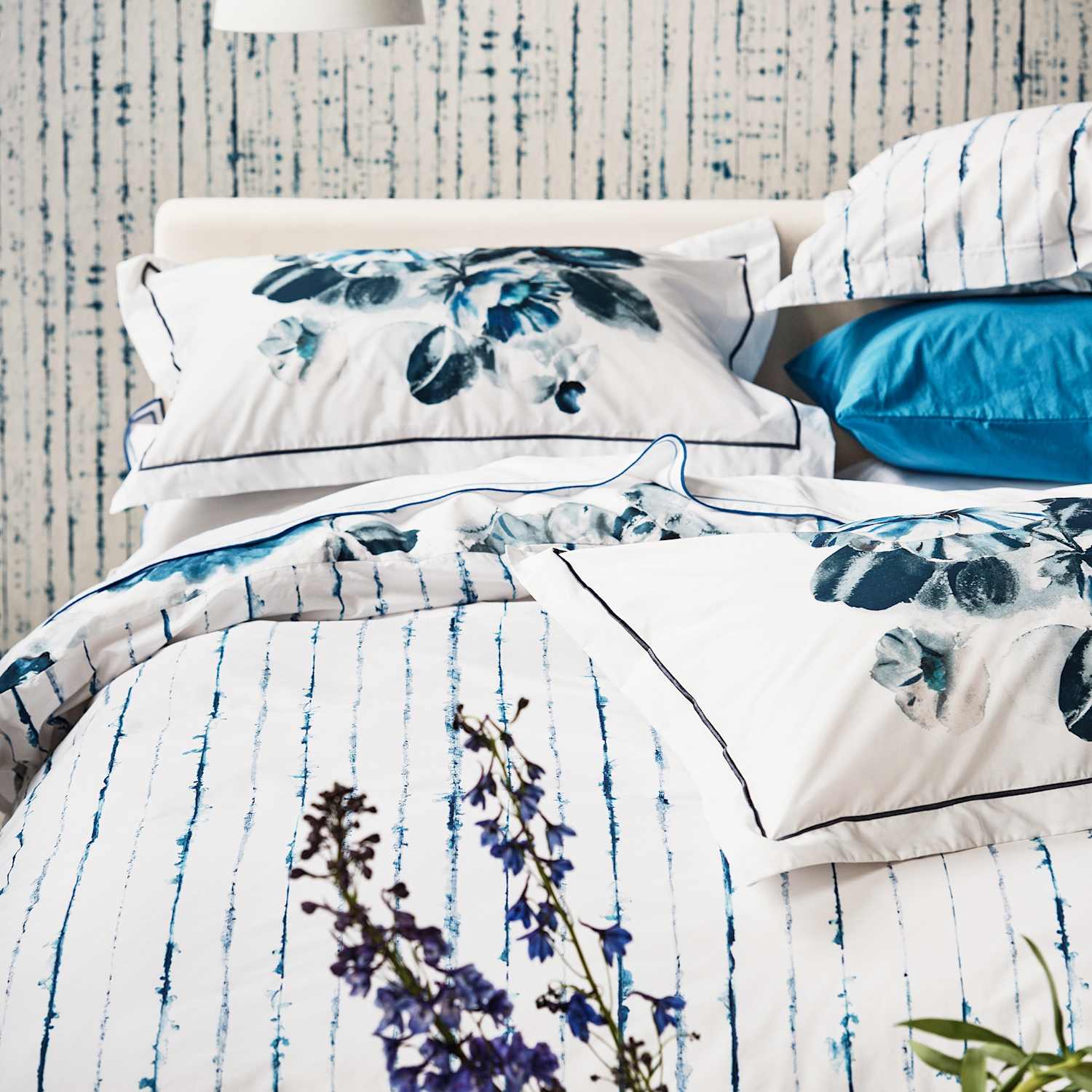 Designers Guild 2 Pack Pure Cotton Indigo Flower Pillowcases - White Mix - Available at M&S
