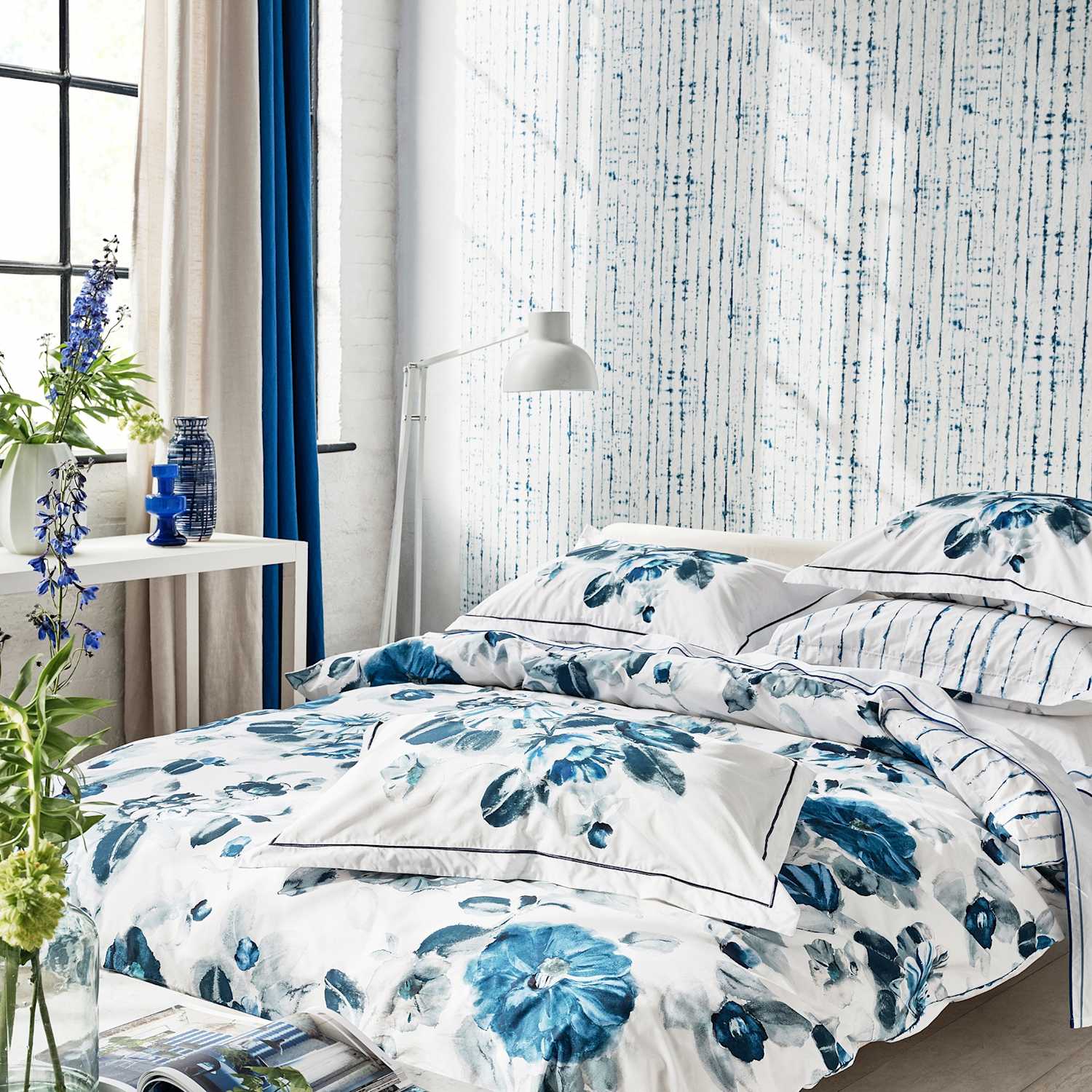 Designers Guild Pure Cotton Percale Indigo Flower Bedding Set - King Size (5 ft) - White Mix - Available at M&S
