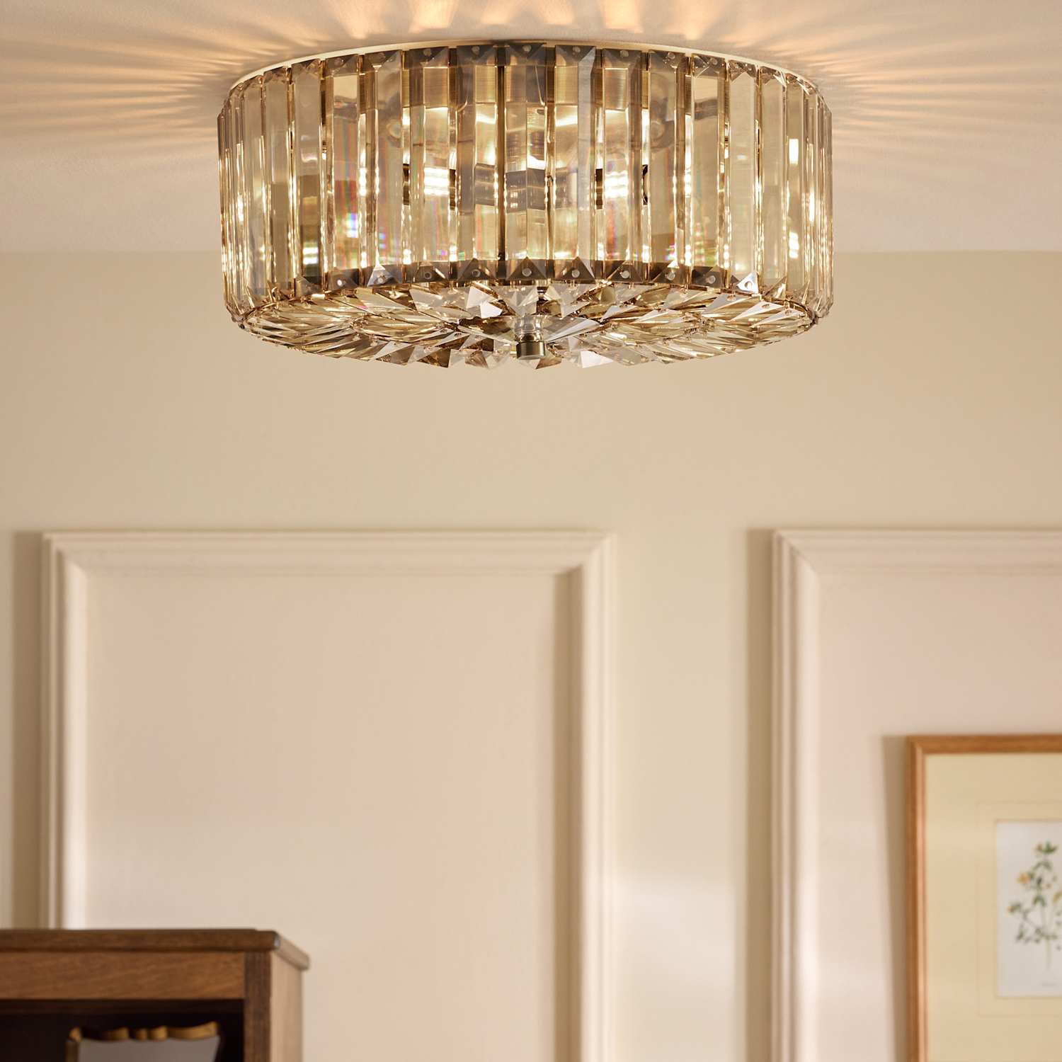 Laura Ashley Fernhurst Metal & Crystal Semi Flush Ceiling Light - Antique Brass - Available at M&S