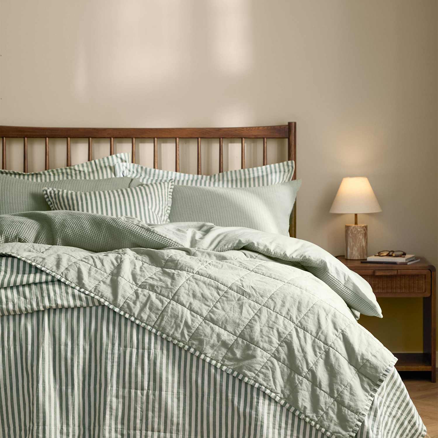 Yard Hebden Washed Striped Quilted Bedspread - Double (4 ft 6) - Light Green - Available at M&S