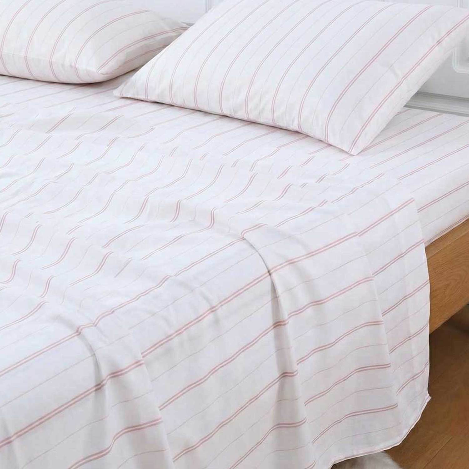 Mm Linen Pure Cotton 200 Thread Count Striped Fitted Sheet - King Size (5 ft) - Pink - Available at M&S