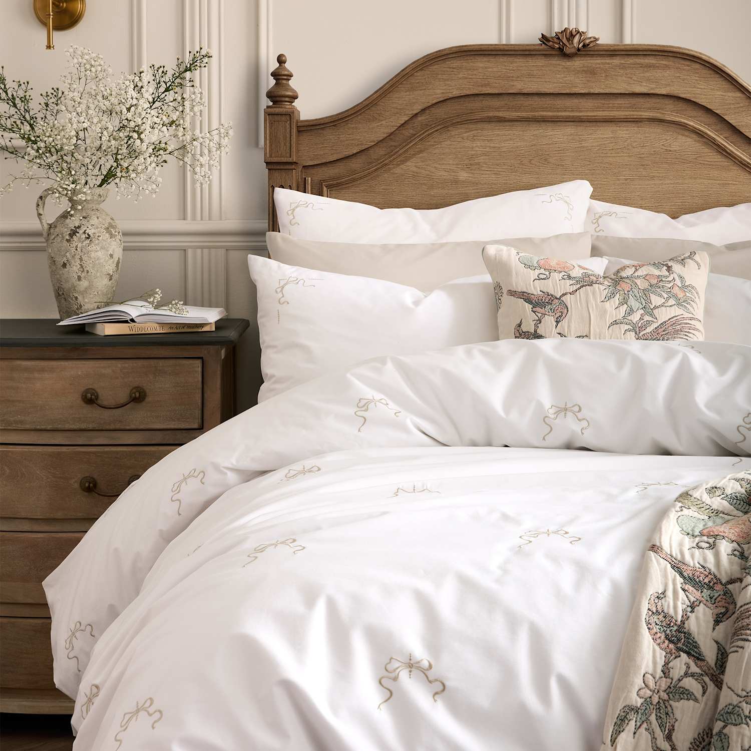 Historic Royal Palaces Pure Cotton Bow Embroidered Bedding Set - Single (3 ft) - White - Available at M&S