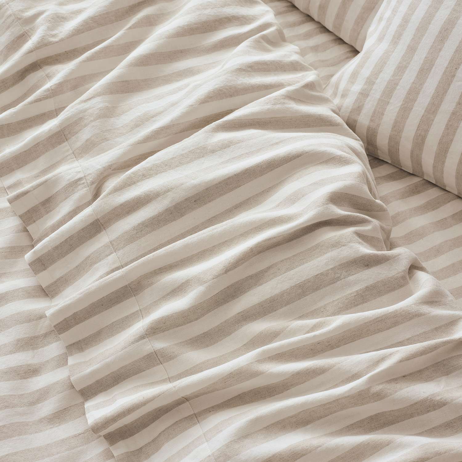 Piglet In Bed Linen Blend Striped Flat Sheet - Super King Size (6 ft) - Ivory Mix - Available at M&S