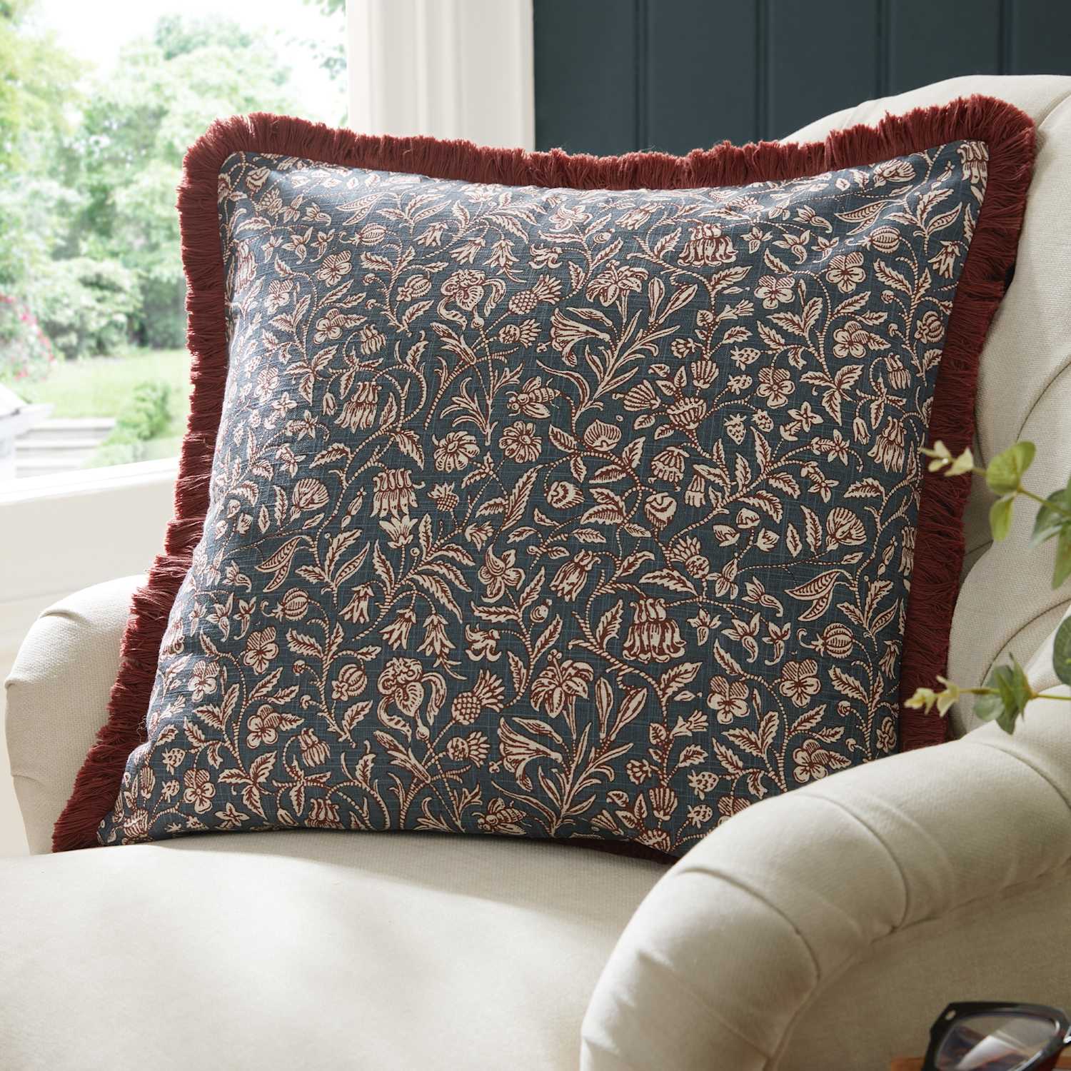 Laura Ashley Elmdon Cotton Square Cushion - Blue Mix - Available at M&S