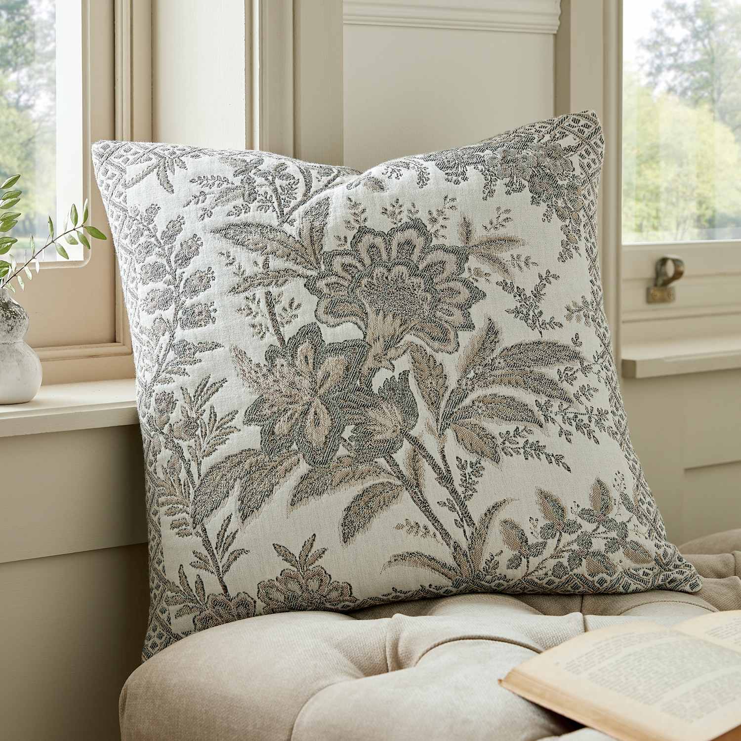 Laura Ashley Marlbrook Floral Jacquard Cushion - Grey Mix - Available at M&S