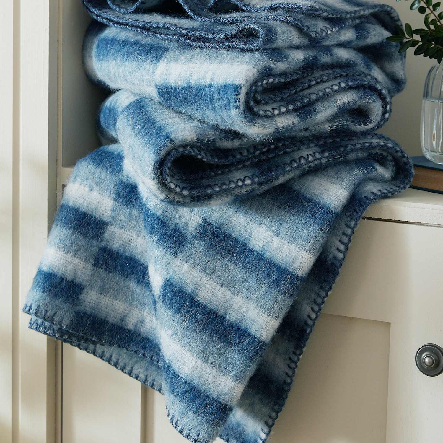 Laura Ashley Extra Large Geo Stripe Throw with Wool - Double (4 ft 6) - Blue Mix - Available at M&S