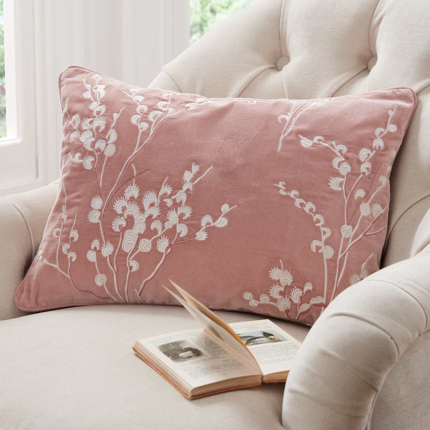 Laura Ashley Pussy Willow Embroidered Cushion - Light Pink Mix - Available at M&S