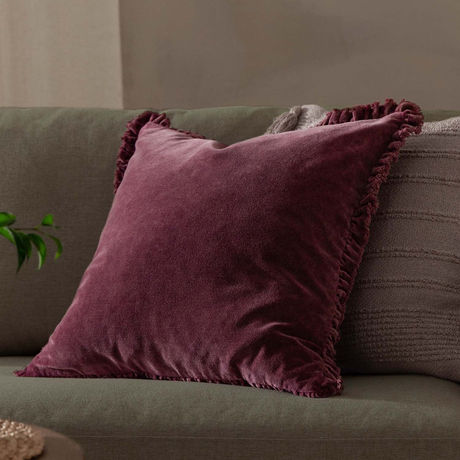 Yard Bertie Cotton Velvet Cushion - Burgundy - Available at M&S