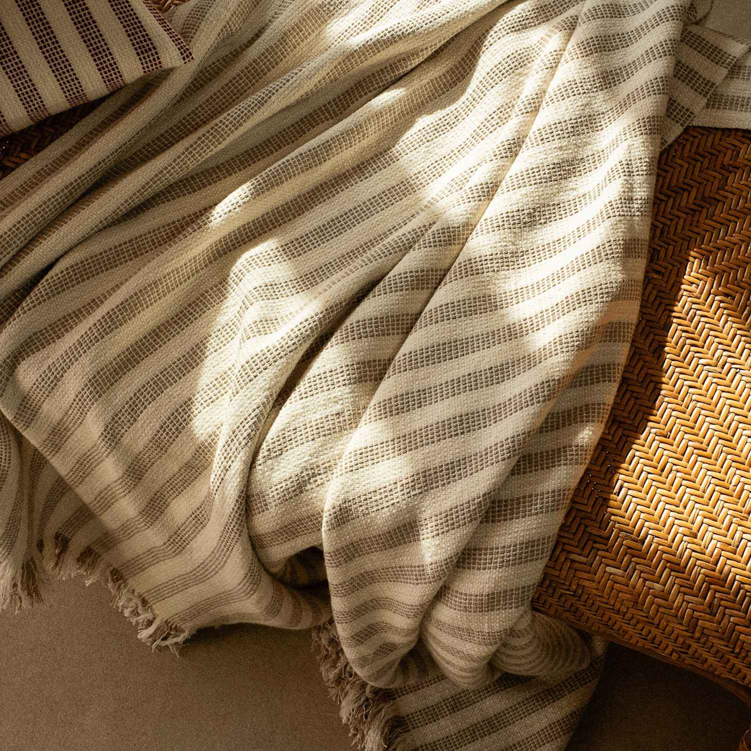 Piglet In Bed Pembroke Striped Cotton Rich Fringed Throw - Medium - Natural Mix - Available at M&S