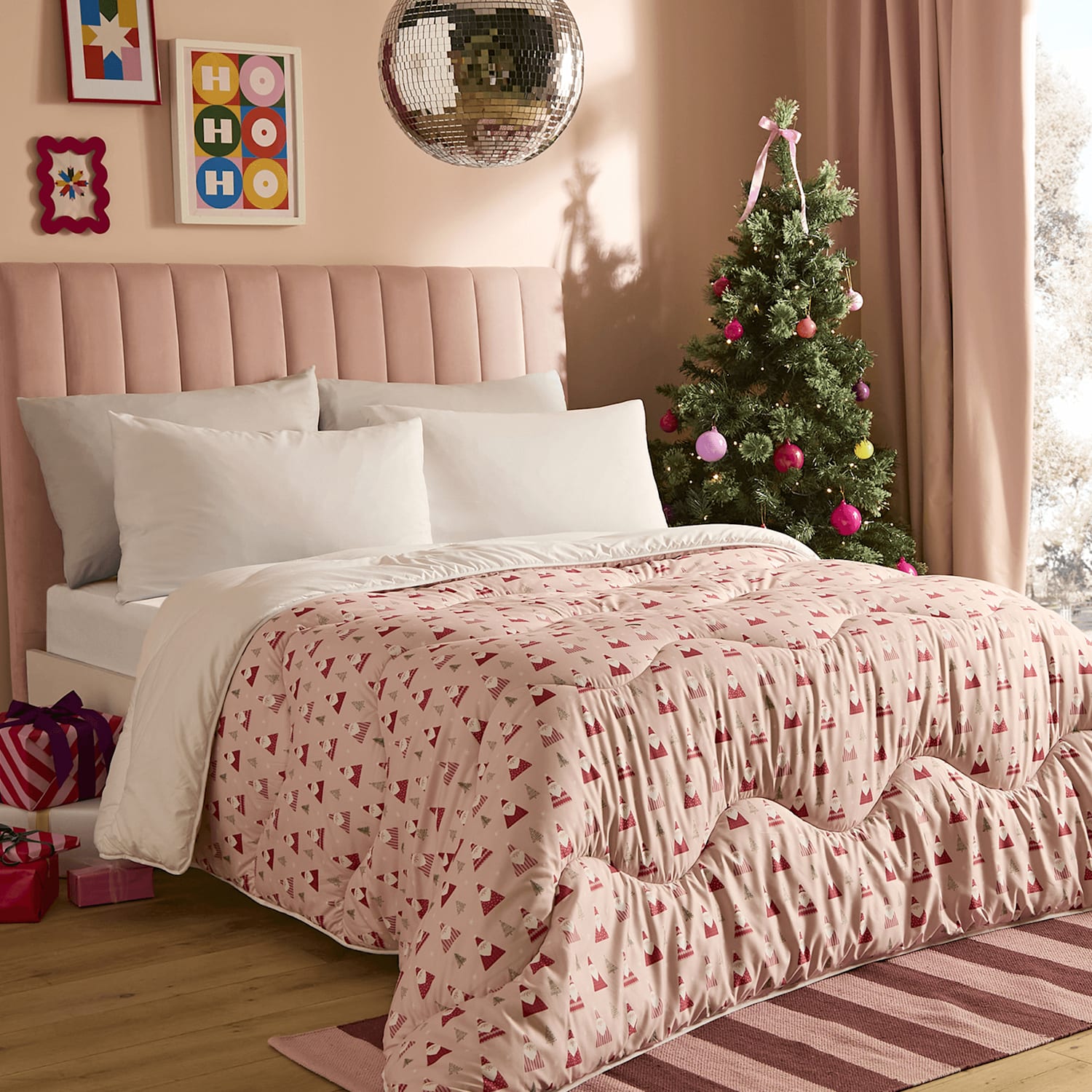 Nightlark Santa Printed 10.5 Tog Coverless Duvet Set - Double (4 ft 6) - Pink - Available at M&S