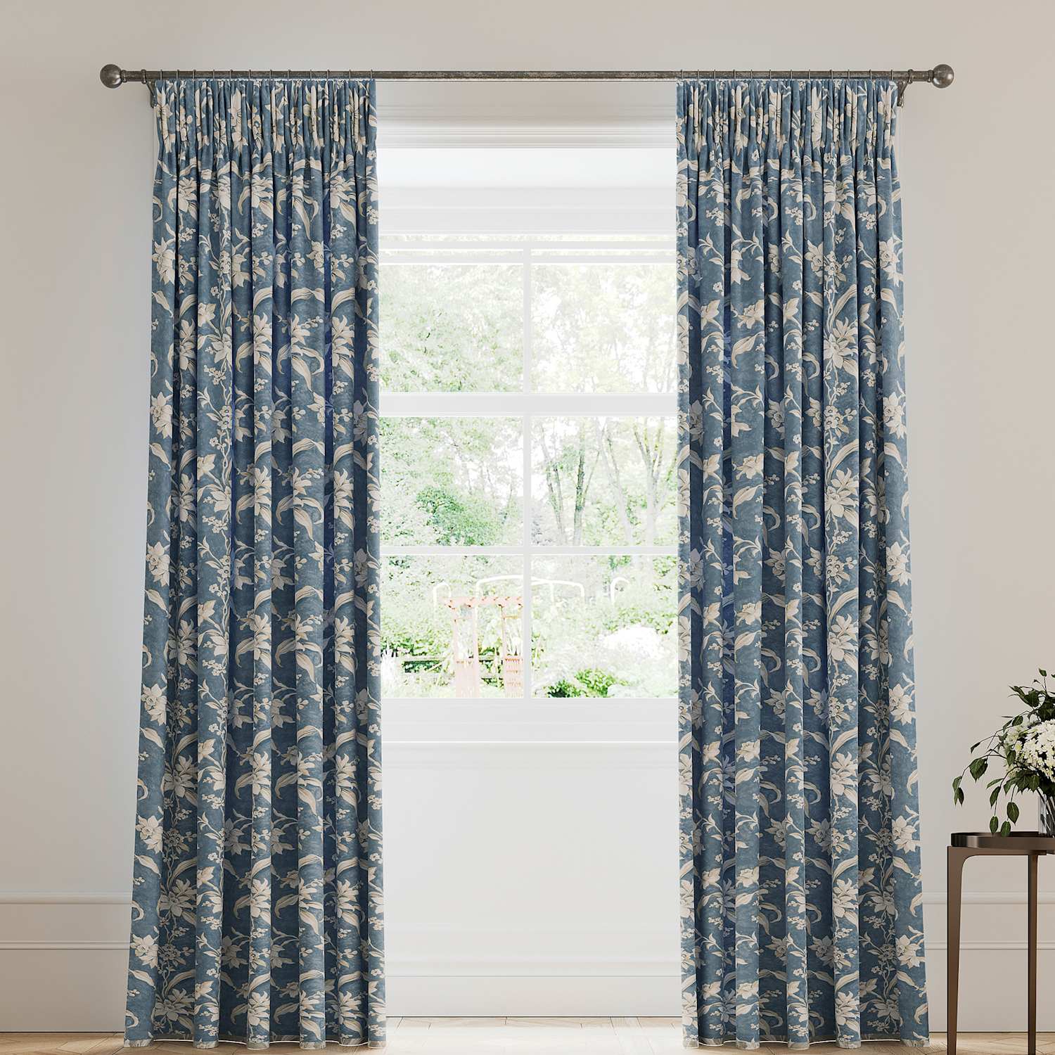 V&A Daffodil Pure Cotton Pencil Pleat Blackout Curtains - W168cm, Drop 183cm - Blue Mix - Available at M&S