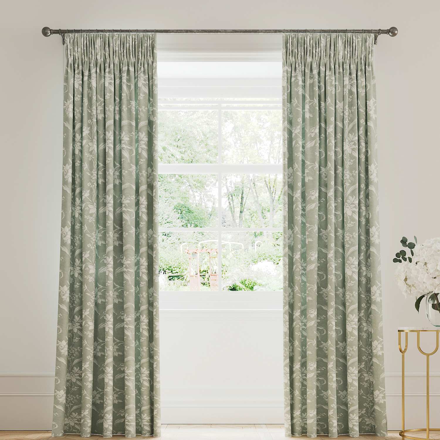 V&A Daffodil Pure Cotton Pencil Pleat Blackout Curtains - W168cm, Drop 229cm - Green Mix - Available at M&S