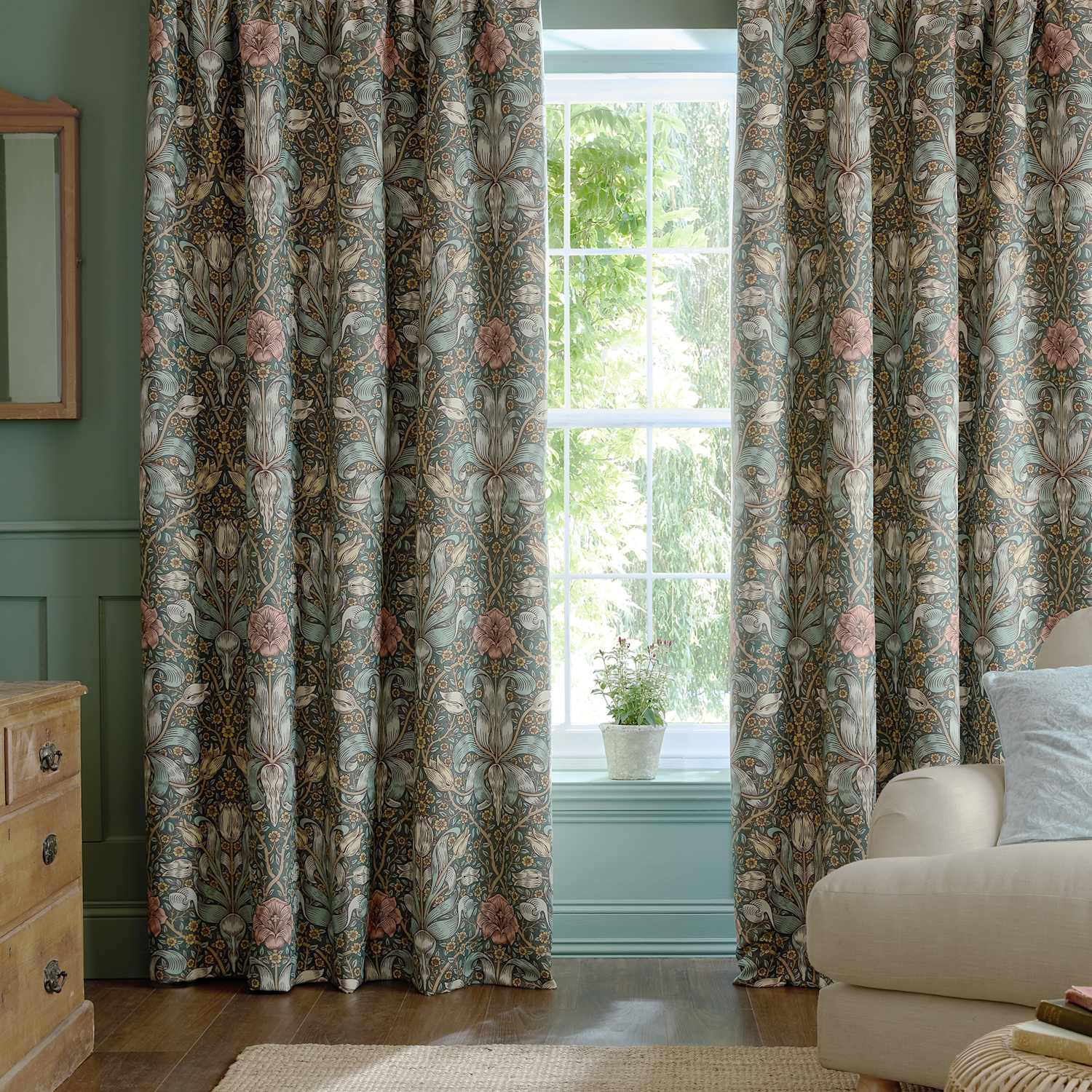 William Morris At Home Spring Thicket Floral Pencil Pleat Curtains - W168cm, Drop 229cm - Grey Mix - Available at M&S