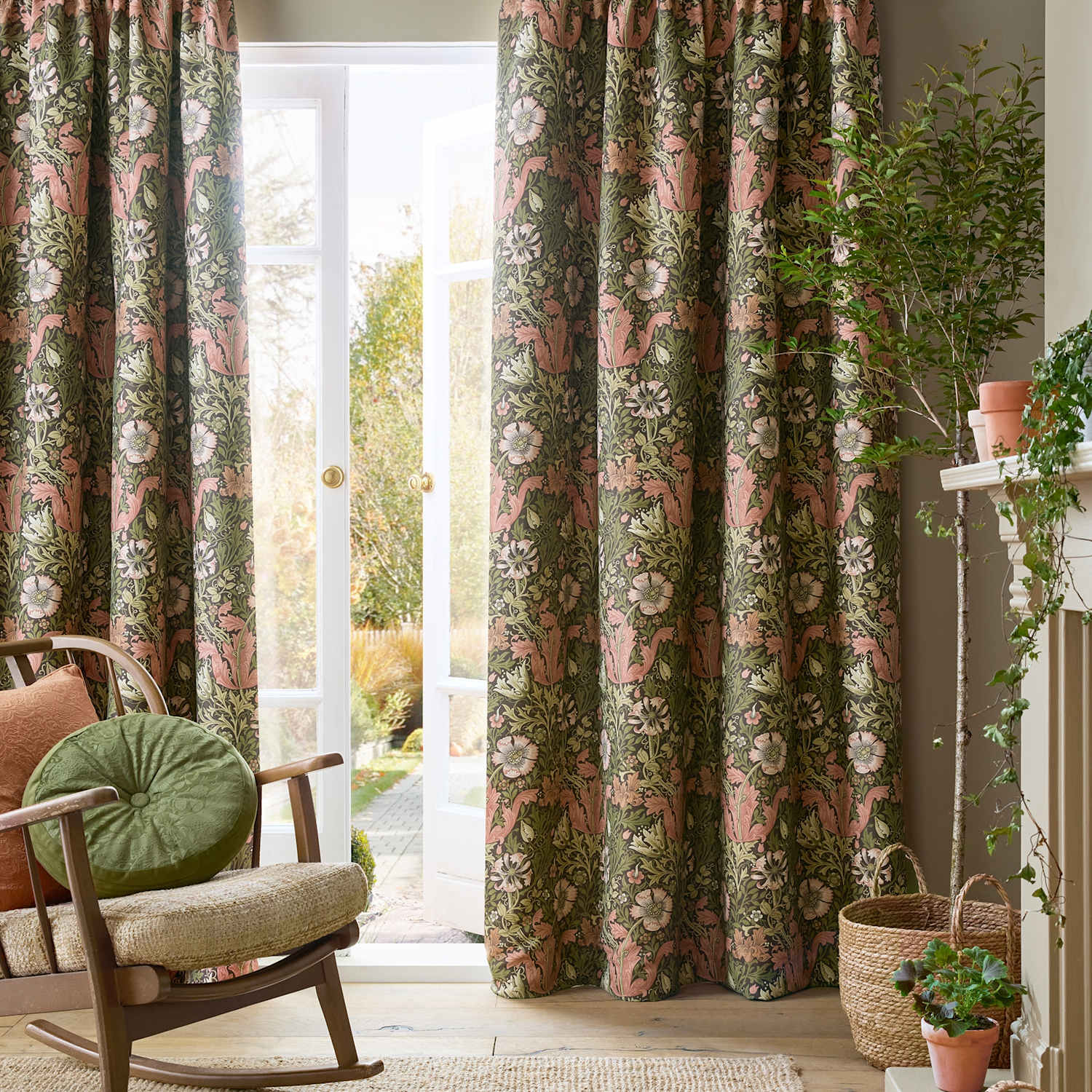 William Morris At Home Compton Velvet Floral Pencil Pleat Curtains - W168cm, Drop 229cm - Green Mix - Available at M&S