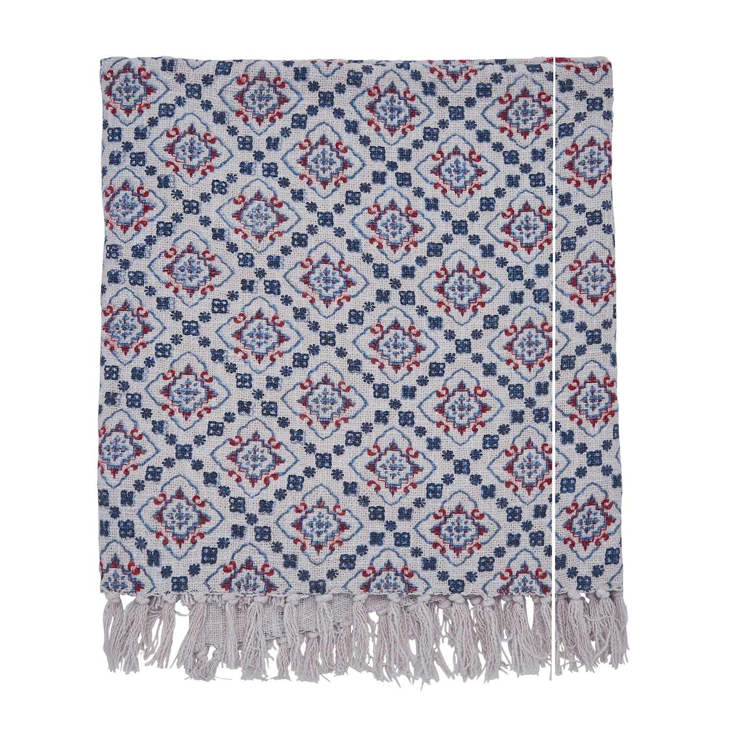 Joules Country Tiles Pure Cotton Geometric Throw - Extra Large - Blue Mix - Available at M&S
