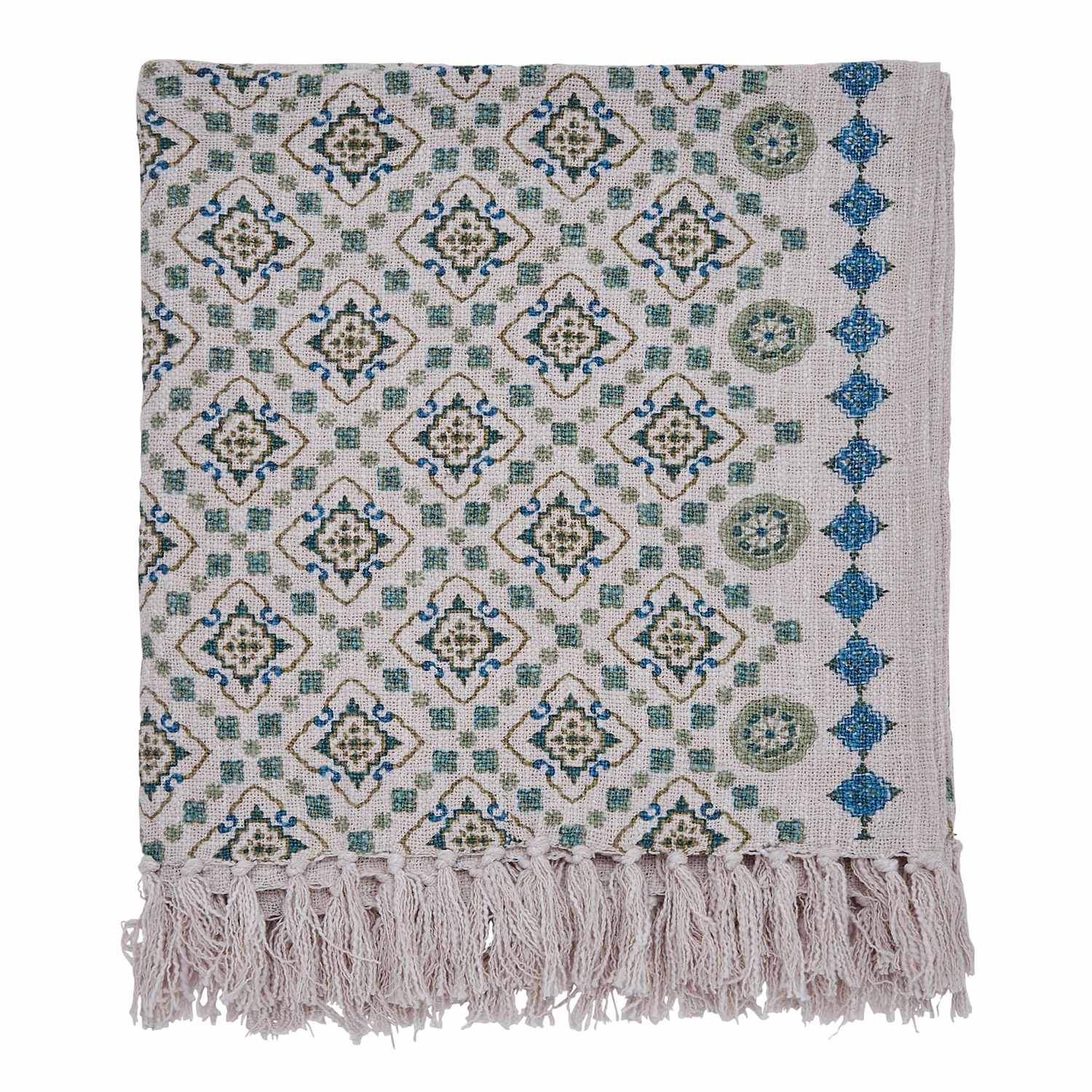 Joules Country Tiles Pure Cotton Geometric Throw - Extra Large - Green Mix - Available at M&S