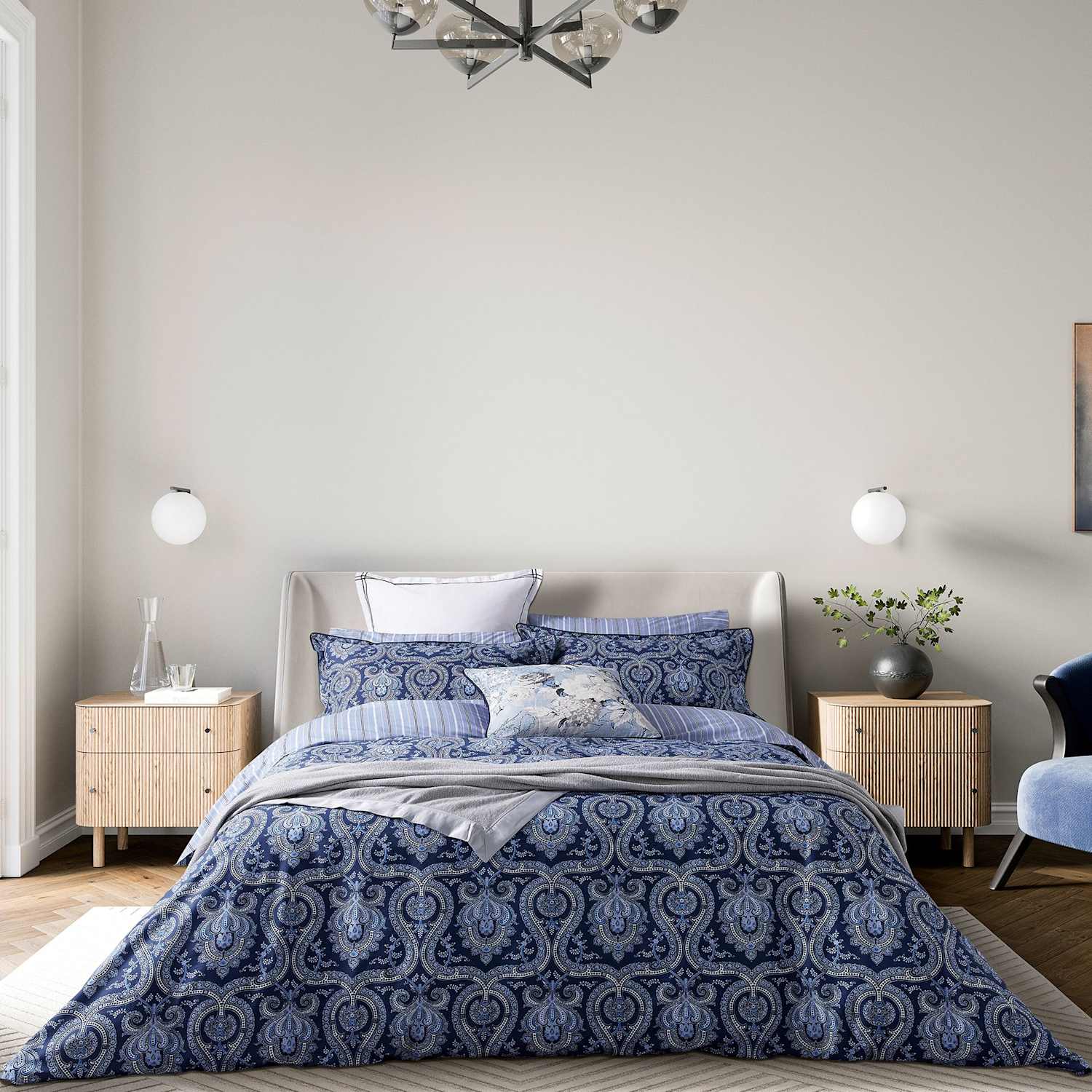 Bedeck Of Belfast Pure Cotton Ellis Bedding Set - Single (3 ft) - Navy Mix - Available at M&S
