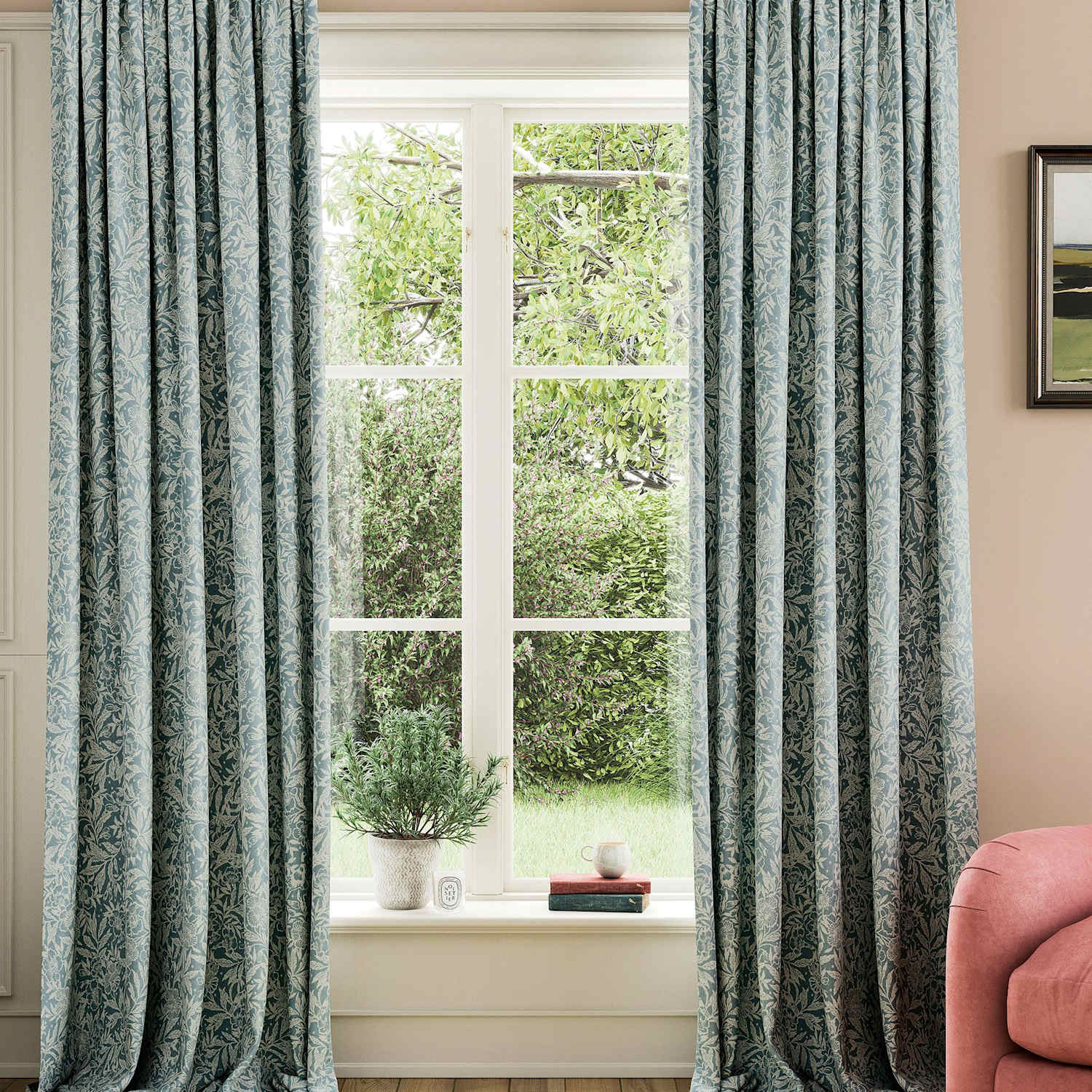 Joules Twilight Ditsy Pure Cotton Pencil Pleat Curtains - W168cm, Drop 183cm - Duck Egg - Available at M&S